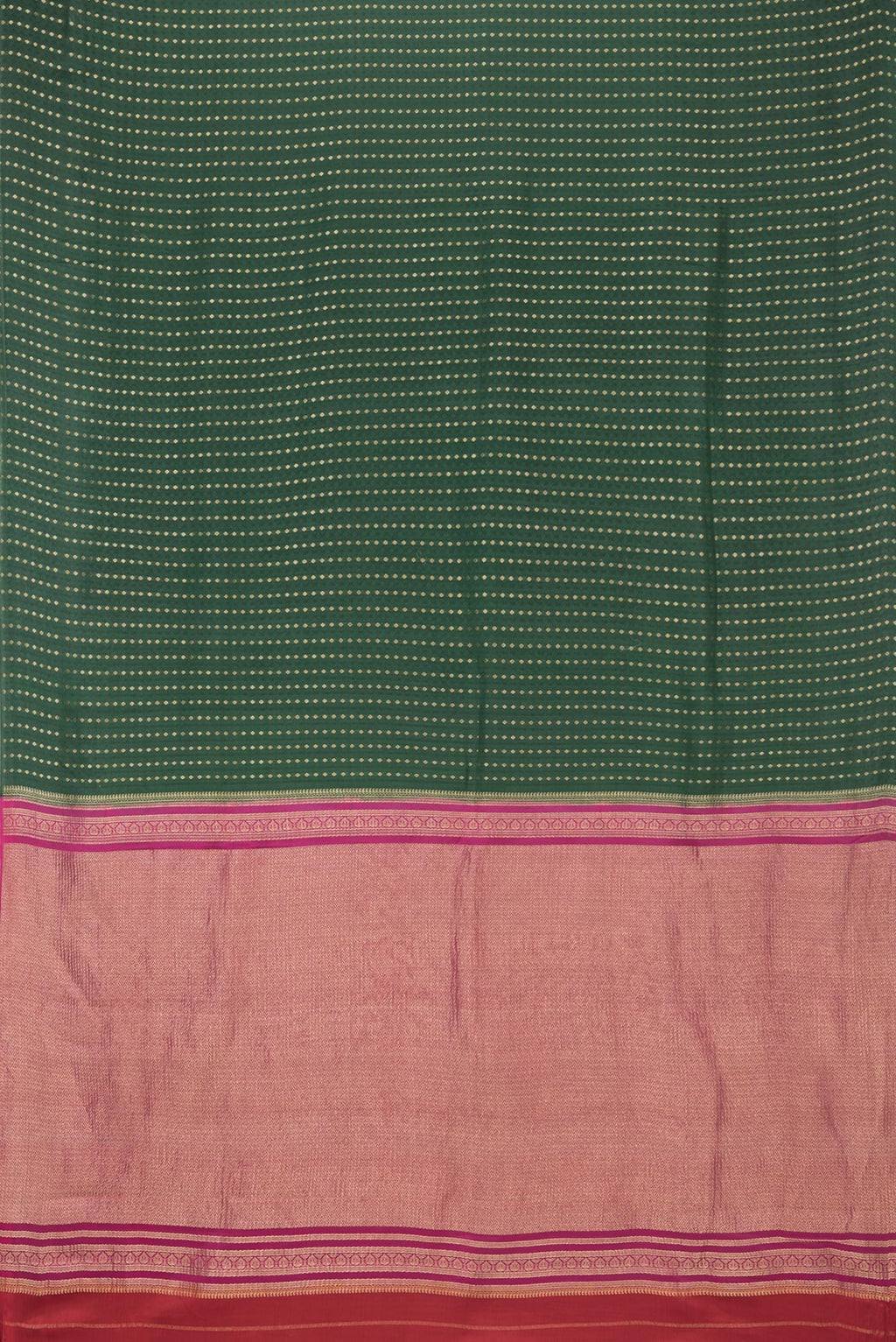 Flat view of Pure Silk Bottle Green Dual Tone Banarasi Georgette Saree with Zari Butta on the body and Without Border. 