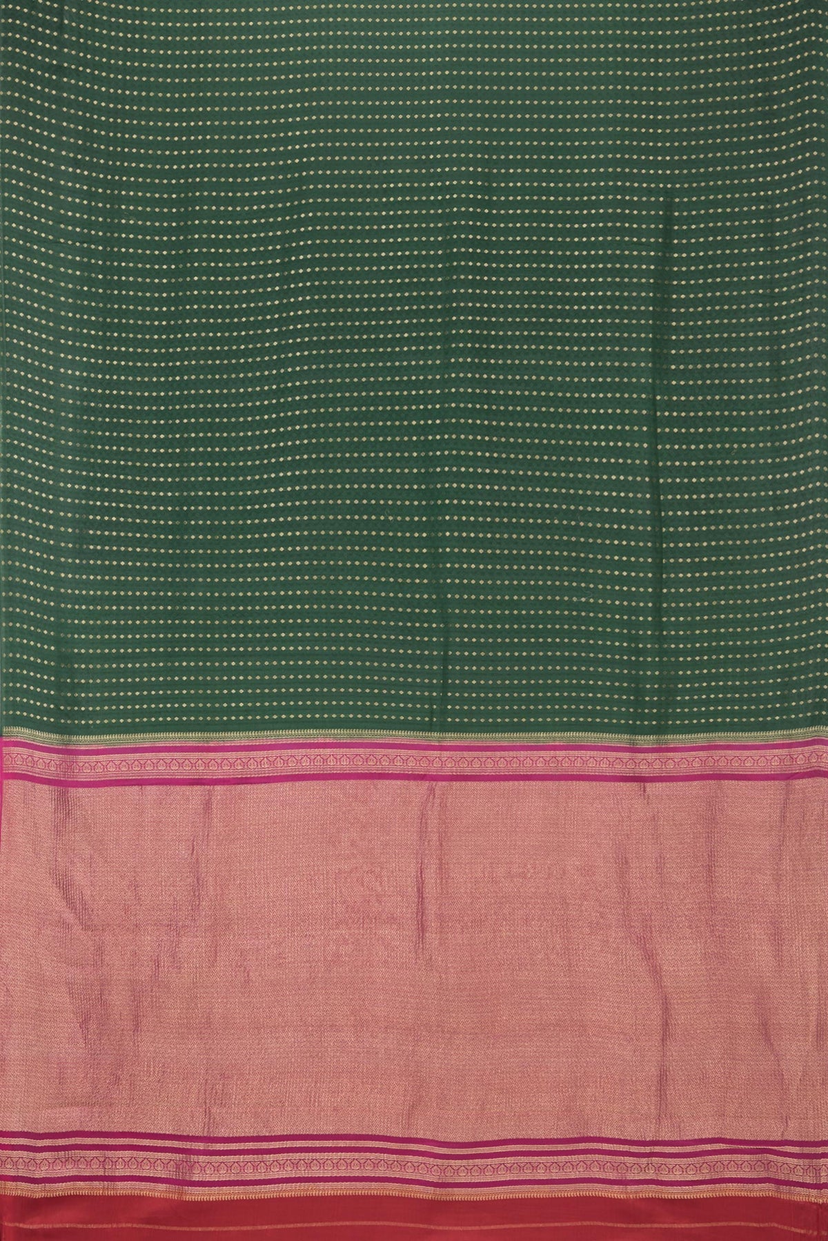 Flat view of Pure Silk Bottle Green Dual Tone Banarasi Georgette Saree with Zari Butta on the body and Without Border. 