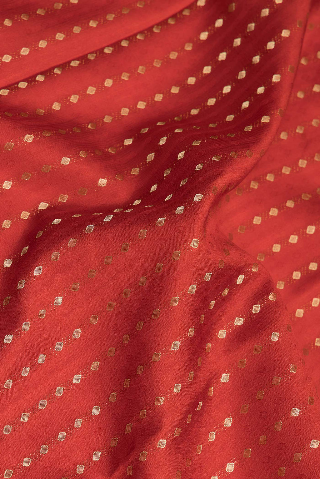 Close up of Pure Silk Red Dual Tone Banarasi Georgette Saree with Zari Butta on the body and Without Border.  displaying folds