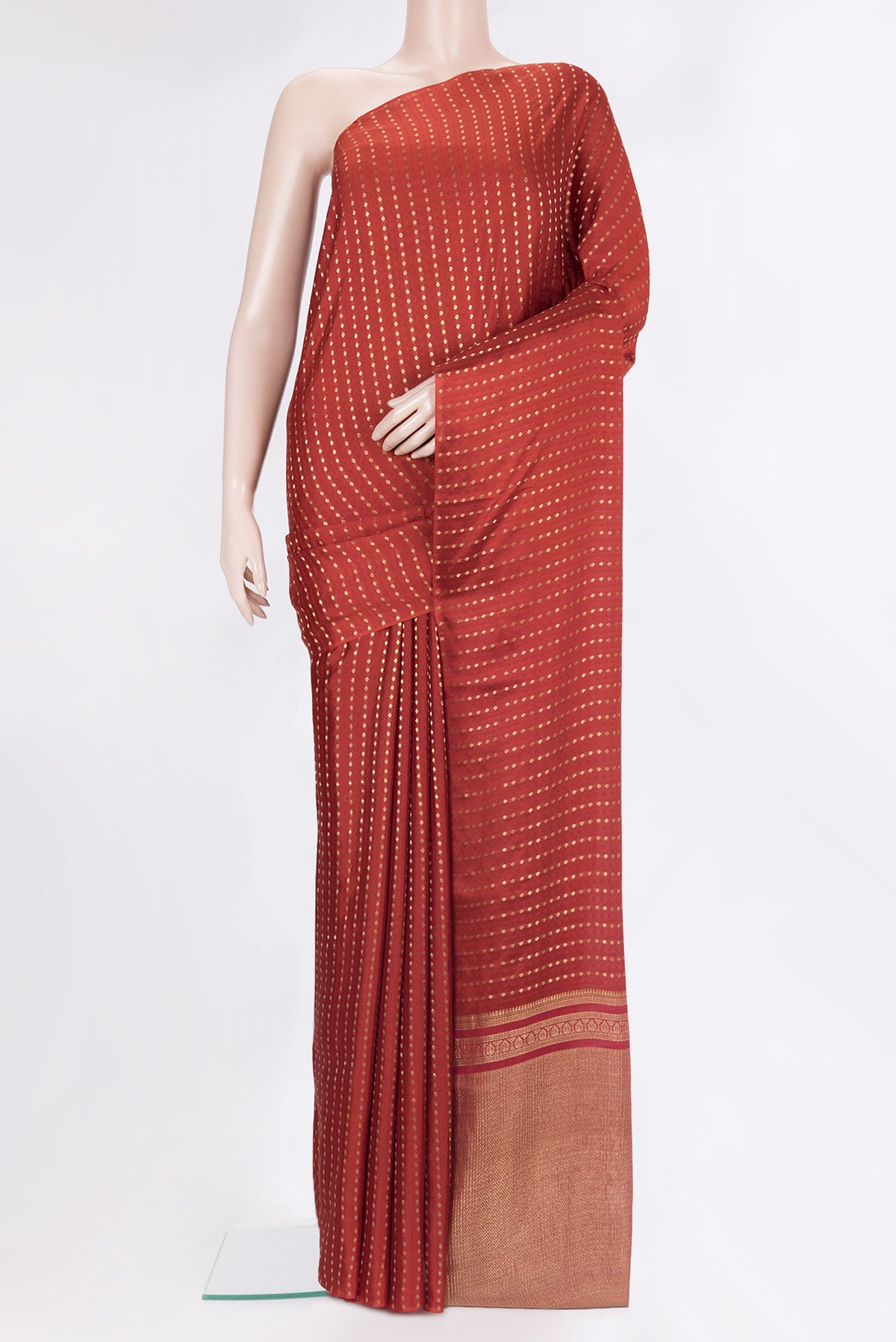 Pure Silk Red Dual Tone Banarasi Georgette Saree with Zari Butta on the body and Without Border.  displayed on a mannequin