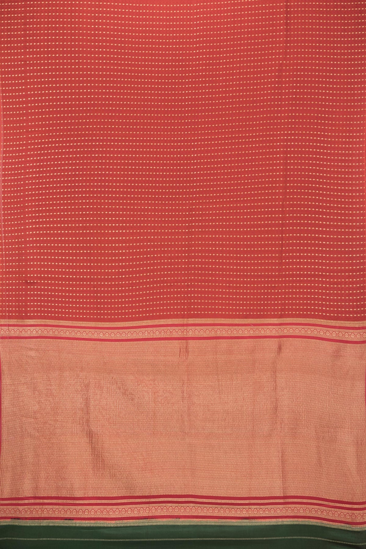 Flat view of Pure Silk Red Dual Tone Banarasi Georgette Saree with Zari Butta on the body and Without Border. 