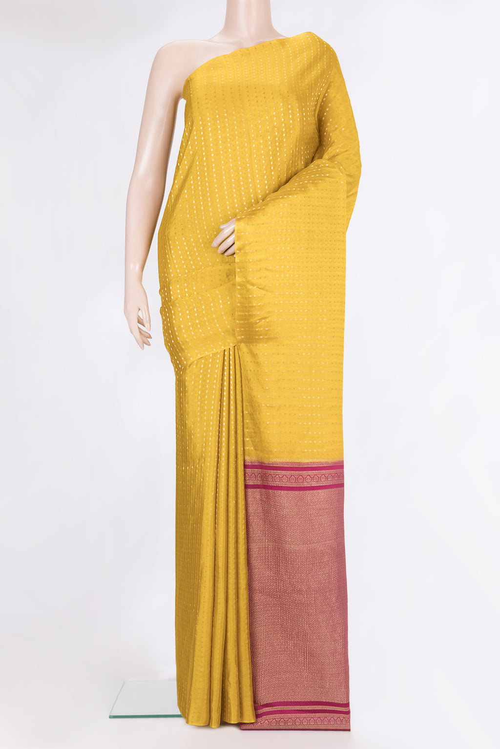 Pure Silk Mustard Dual Tone Banarasi Georgette Saree with Zari Butta on the body and Without Border.  displayed on a mannequin
