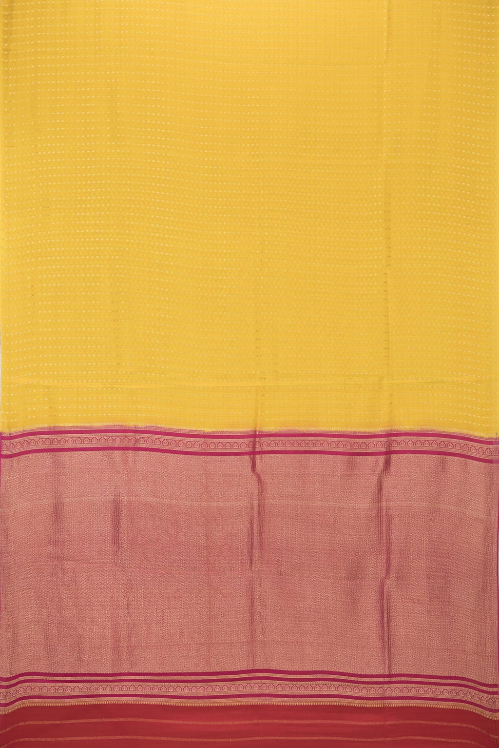 Flat view of Pure Silk Mustard Dual Tone Banarasi Georgette Saree with Zari Butta on the body and Without Border. 