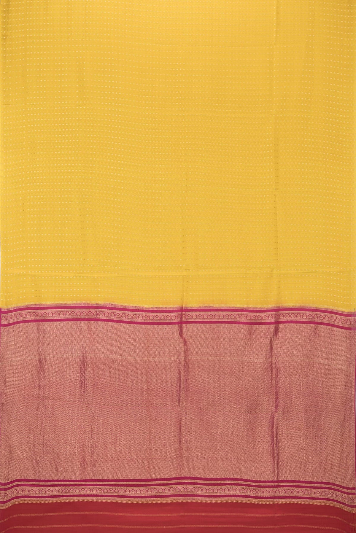 Flat view of Pure Silk Mustard Dual Tone Banarasi Georgette Saree with Zari Butta on the body and Without Border. 