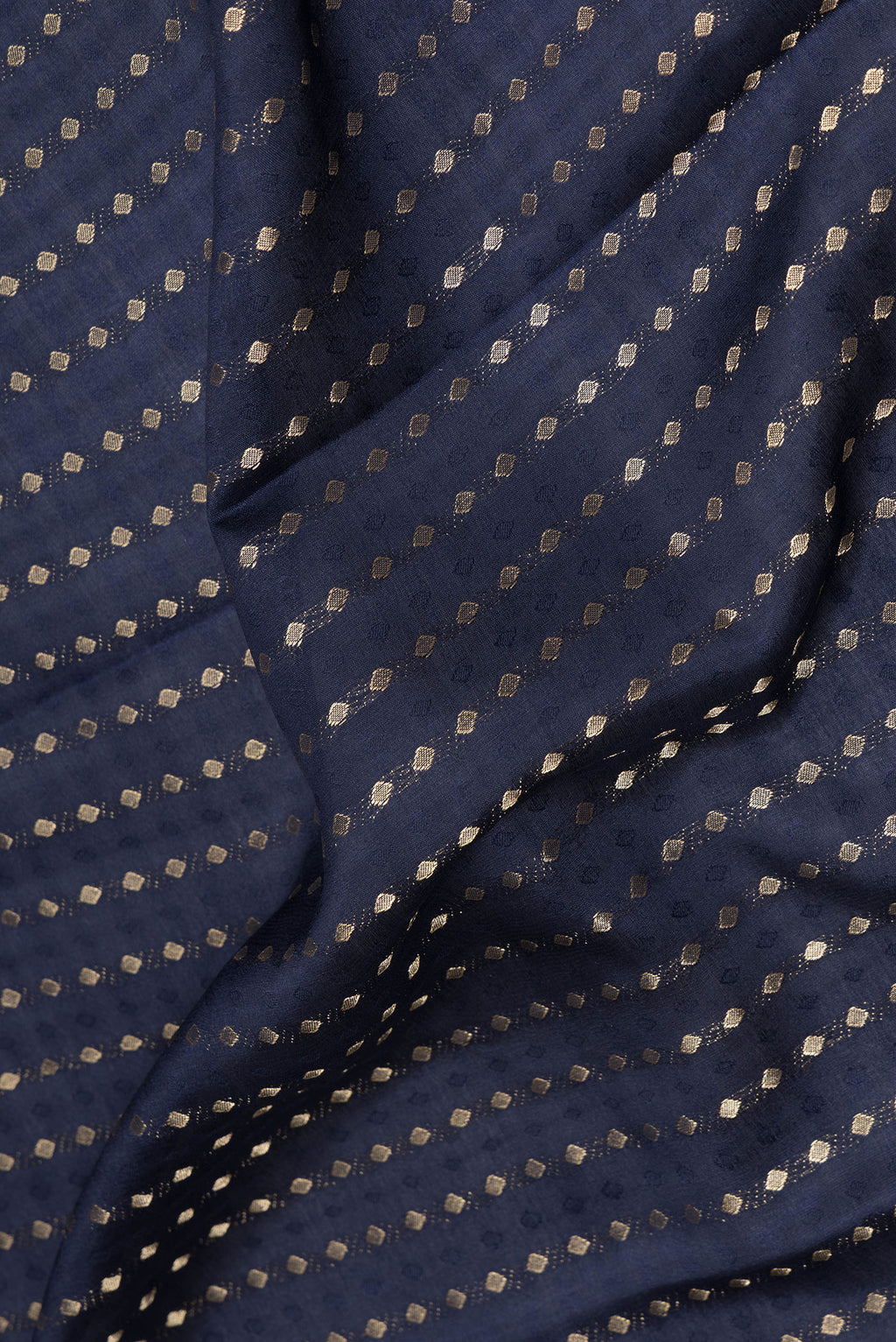 Close up of Pure Silk Navy Blue Dual Tone Banarasi Georgette Saree with Zari Brocade on the body and Without Border.  displaying folds