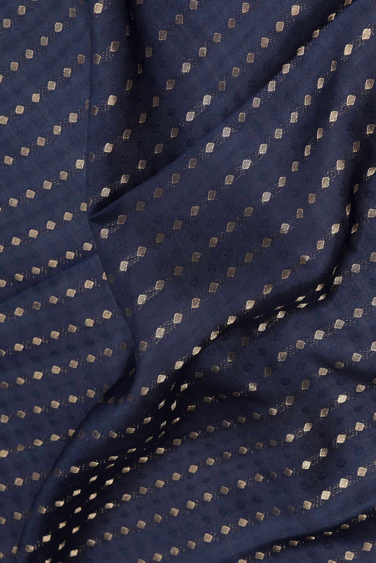 Close up of Pure Silk Navy Blue Dual Tone Banarasi Georgette Saree with Zari Brocade on the body and Without Border.  displaying folds