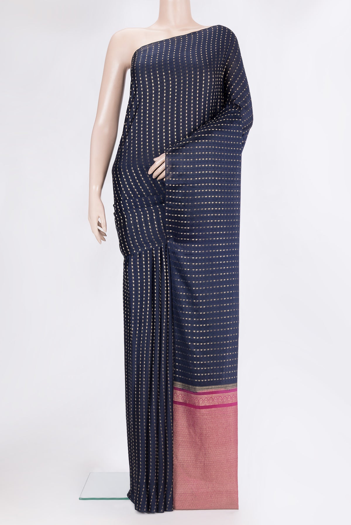 Pure Silk Navy Blue Dual Tone Banarasi Georgette Saree with Zari Brocade on the body and Without Border.  displayed on a mannequin
