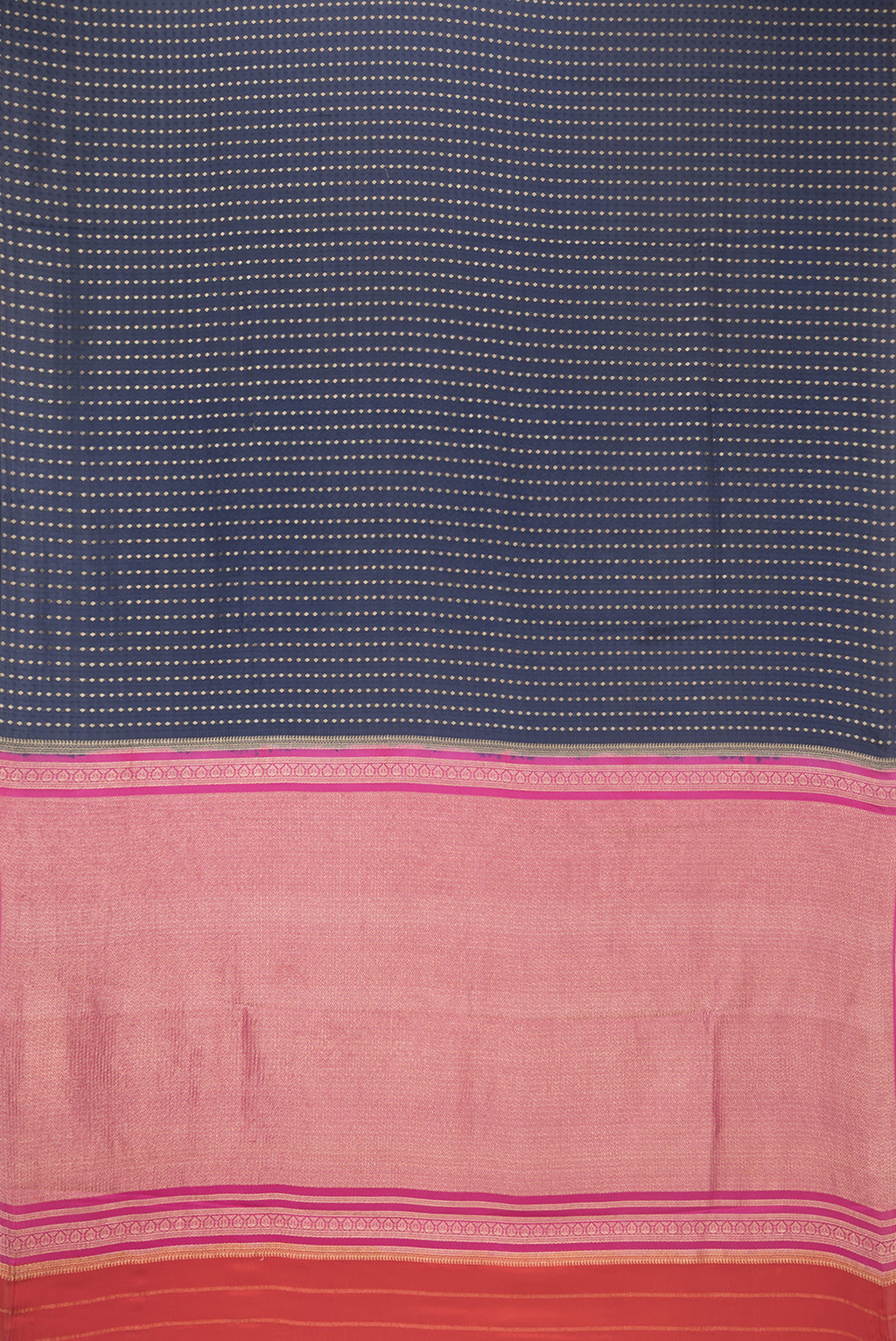Flat view of Pure Silk Navy Blue Dual Tone Banarasi Georgette Saree with Zari Brocade on the body and Without Border. 