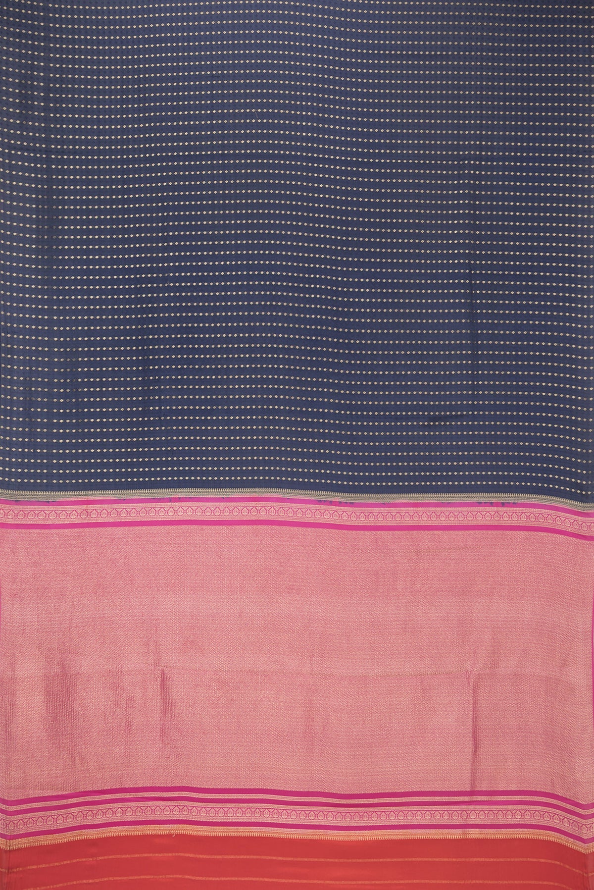 Flat view of Pure Silk Navy Blue Dual Tone Banarasi Georgette Saree with Zari Brocade on the body and Without Border. 