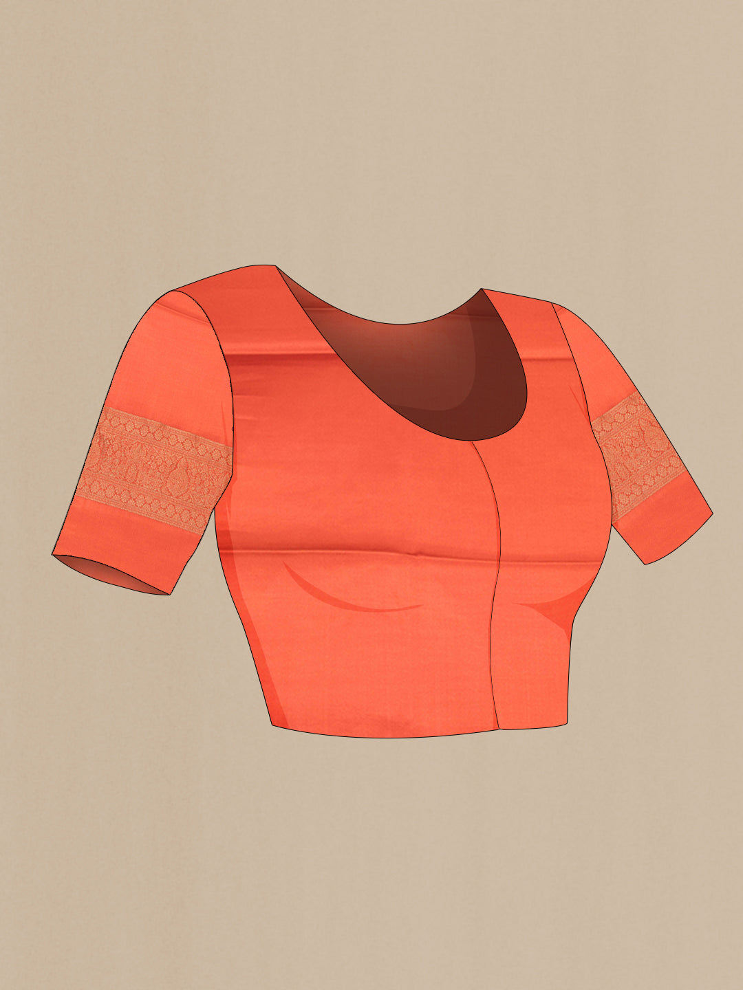 Close up image of the blouse of Rust Dual Tone Banarasi Georgette Saree with Zari Butta on the body and Zari Border. 