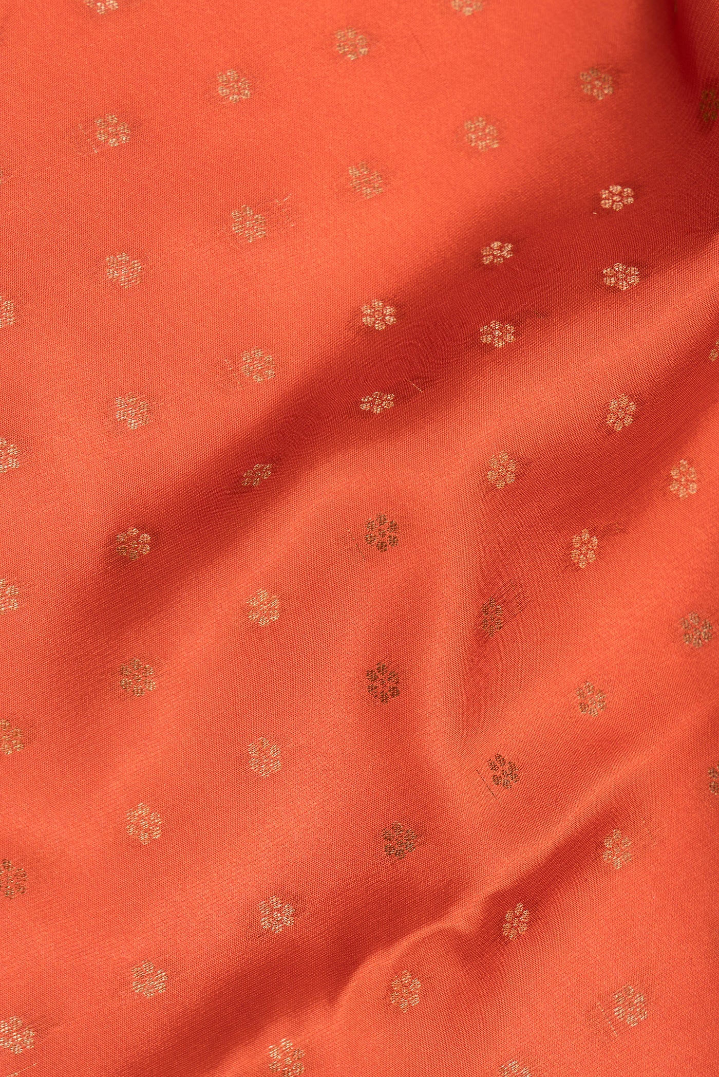 Close up of Rust Dual Tone Banarasi Georgette Saree with Zari Butta on the body and Zari Border.  displaying folds