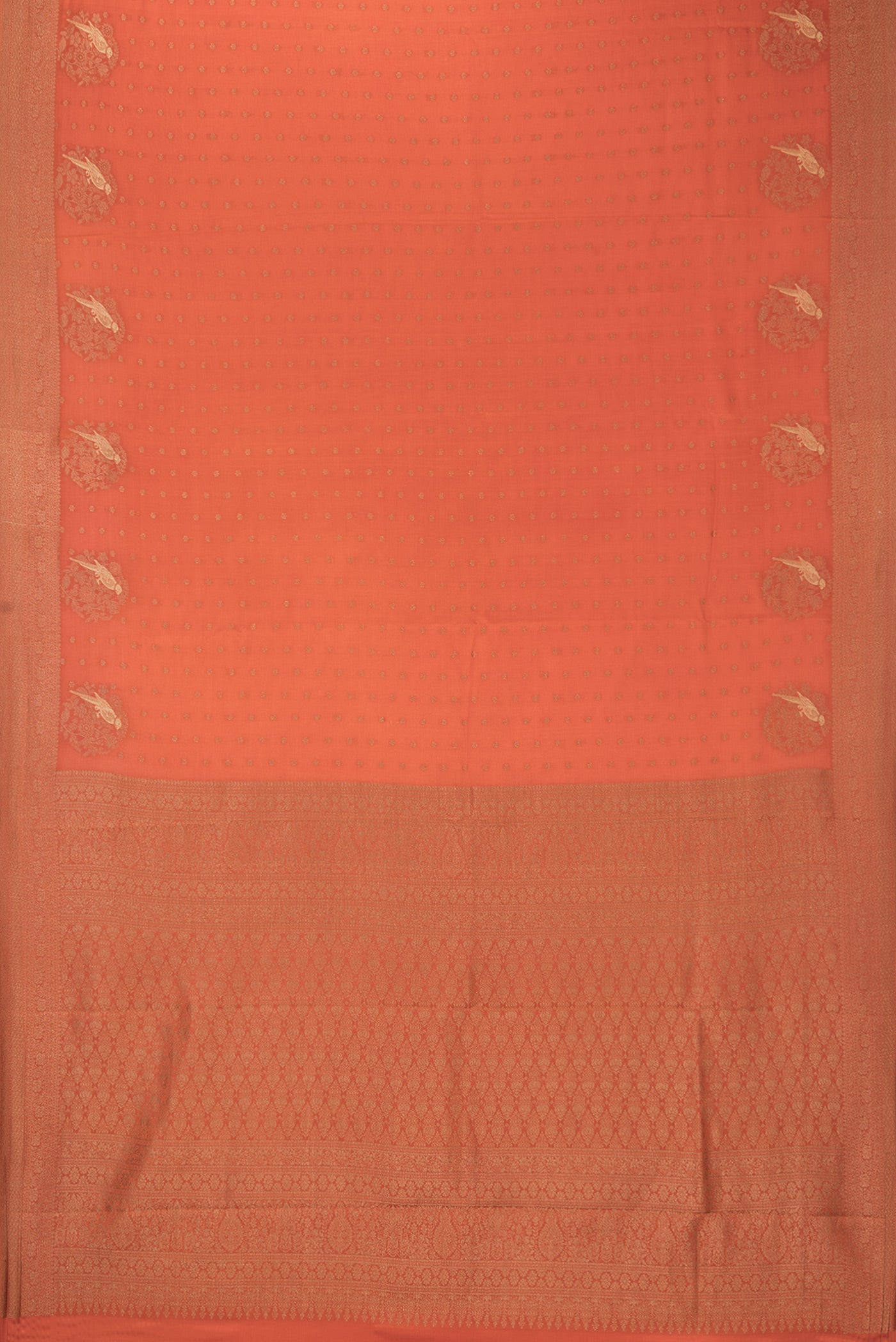 Flat view of Rust Dual Tone Banarasi Georgette Saree with Zari Butta on the body and Zari Border. 