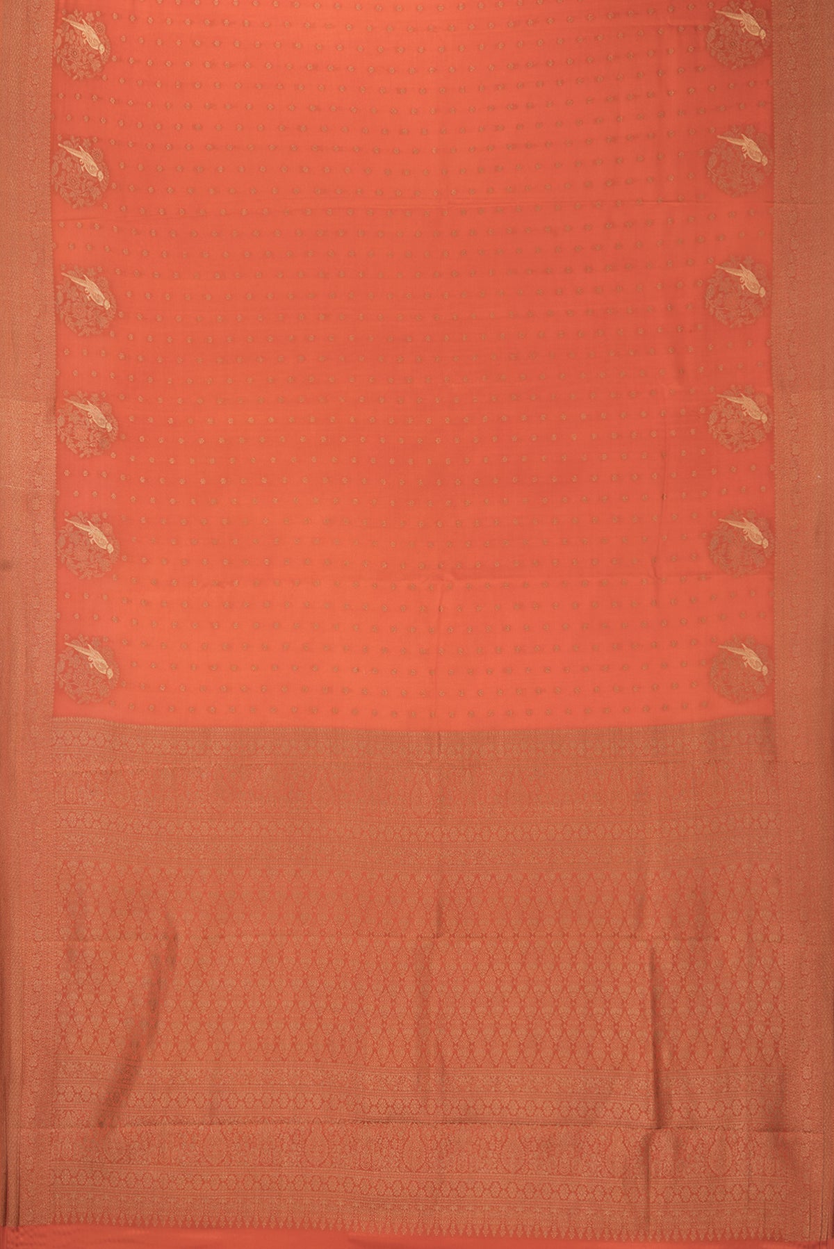 Flat view of Rust Dual Tone Banarasi Georgette Saree with Zari Butta on the body and Zari Border. 