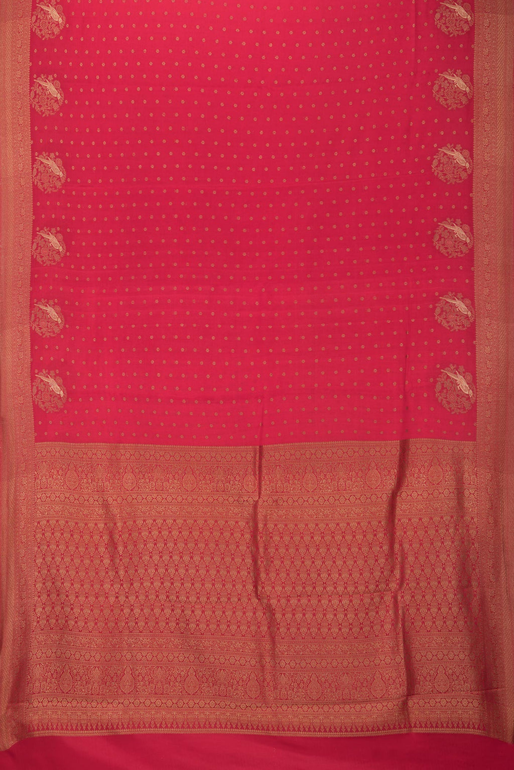 Flat view of Pure Silk Red Dual Tone Banarasi Georgette Saree with Zari Butta on the body and Fancy Border. 