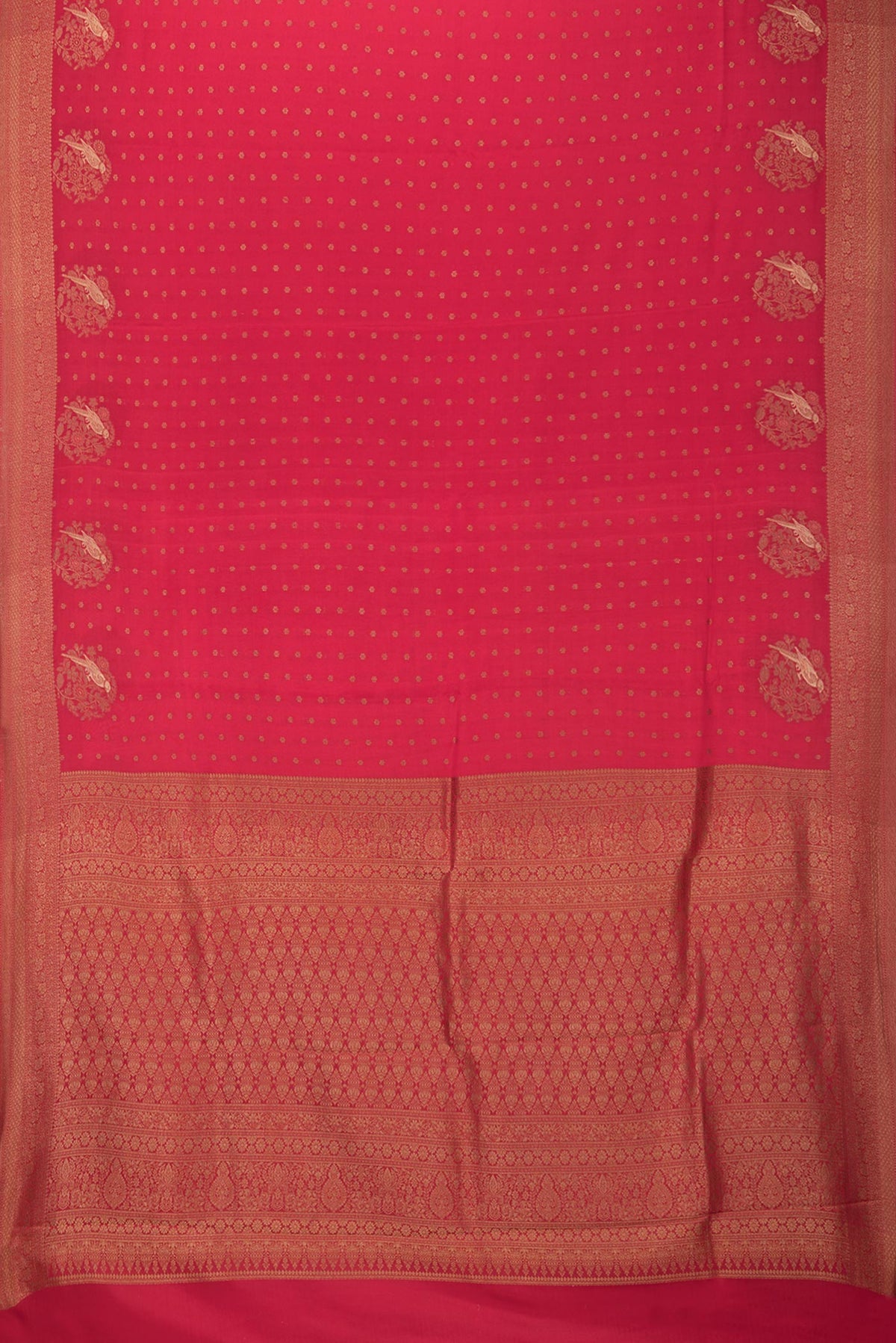 Flat view of Pure Silk Red Dual Tone Banarasi Georgette Saree with Zari Butta on the body and Fancy Border. 