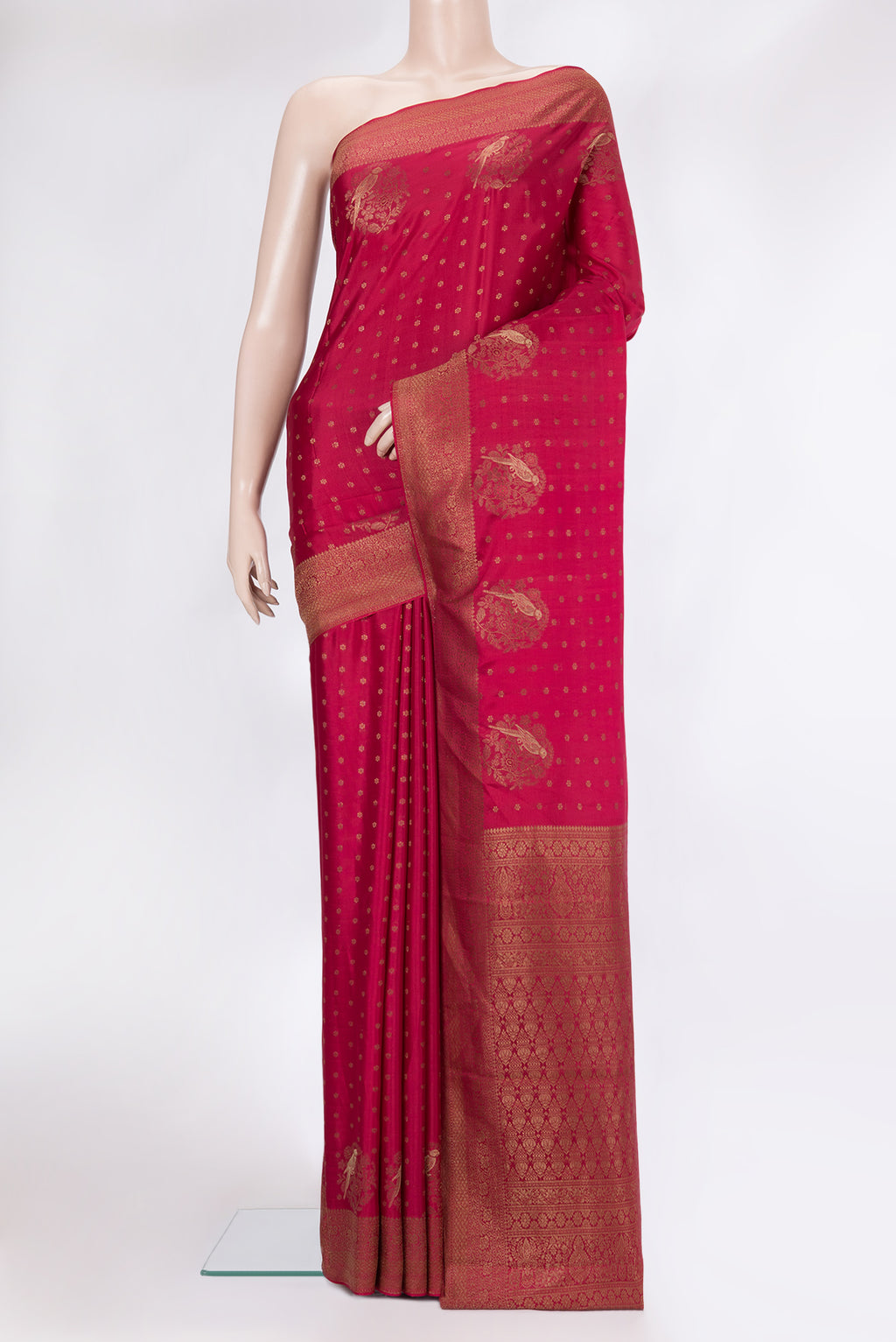 Dark Pink Dual Tone Banarasi Georgette Saree with Zari Butta on the body and Zari Border.  displayed on a mannequin