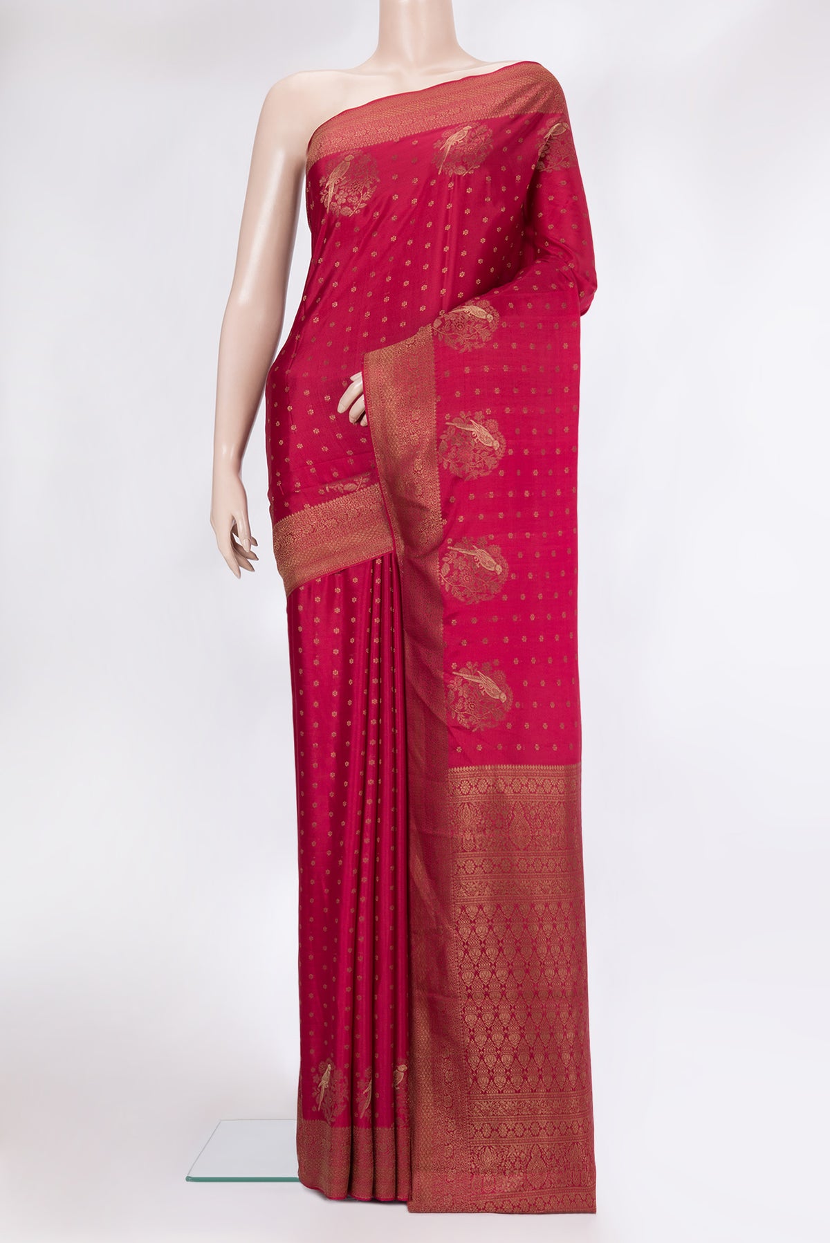 Dark Pink Dual Tone Banarasi Georgette Saree with Zari Butta on the body and Zari Border.  displayed on a mannequin