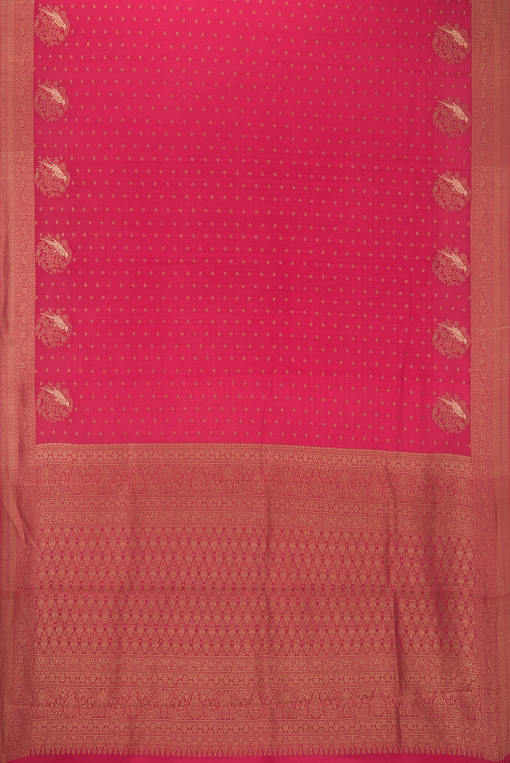 Flat view of Dark Pink Dual Tone Banarasi Georgette Saree with Zari Butta on the body and Zari Border. 