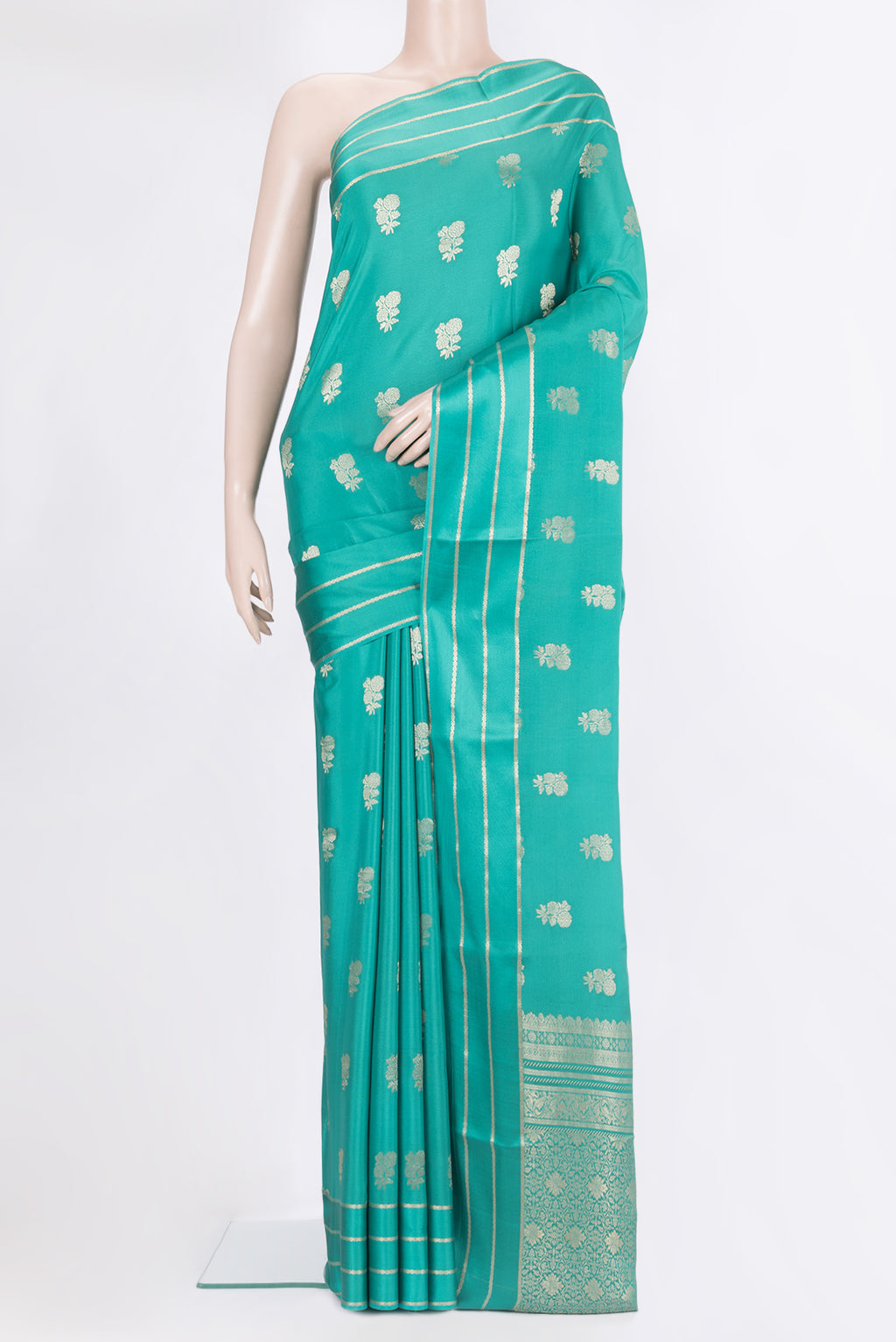 Pure Silk Sky Blue Dual Tone Banarasi Georgette Saree with Zari Butta on the body and Zari Border.  displayed on a mannequin