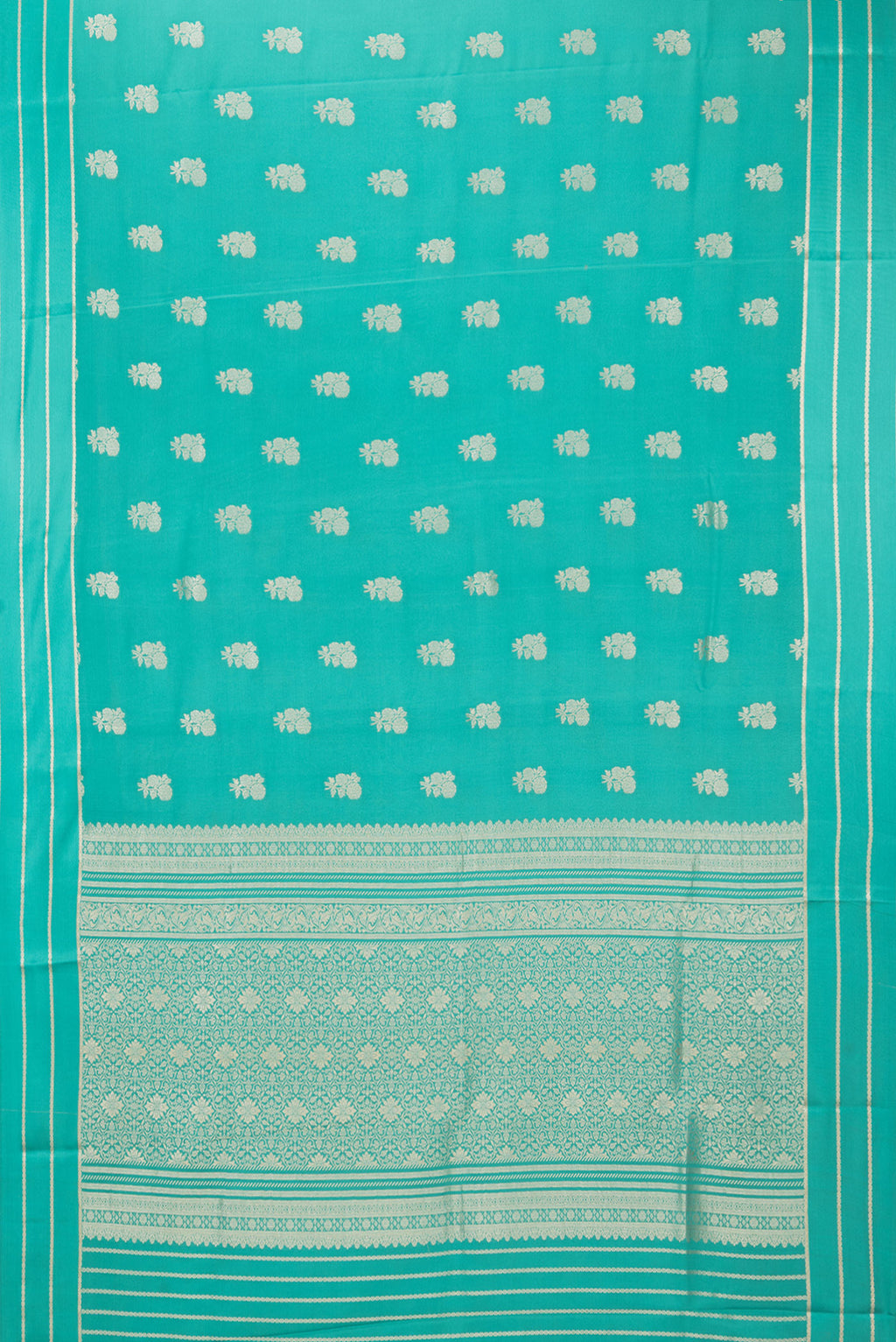 Flat view of Pure Silk Sky Blue Dual Tone Banarasi Georgette Saree with Zari Butta on the body and Zari Border. 