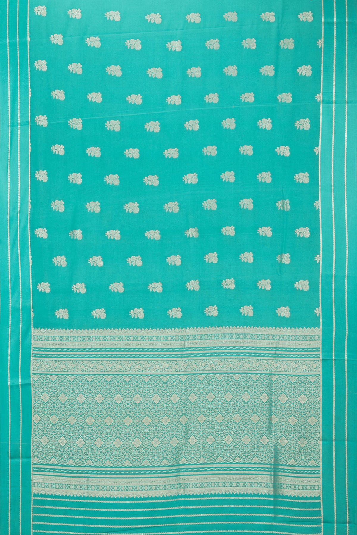 Flat view of Pure Silk Sky Blue Dual Tone Banarasi Georgette Saree with Zari Butta on the body and Zari Border. 