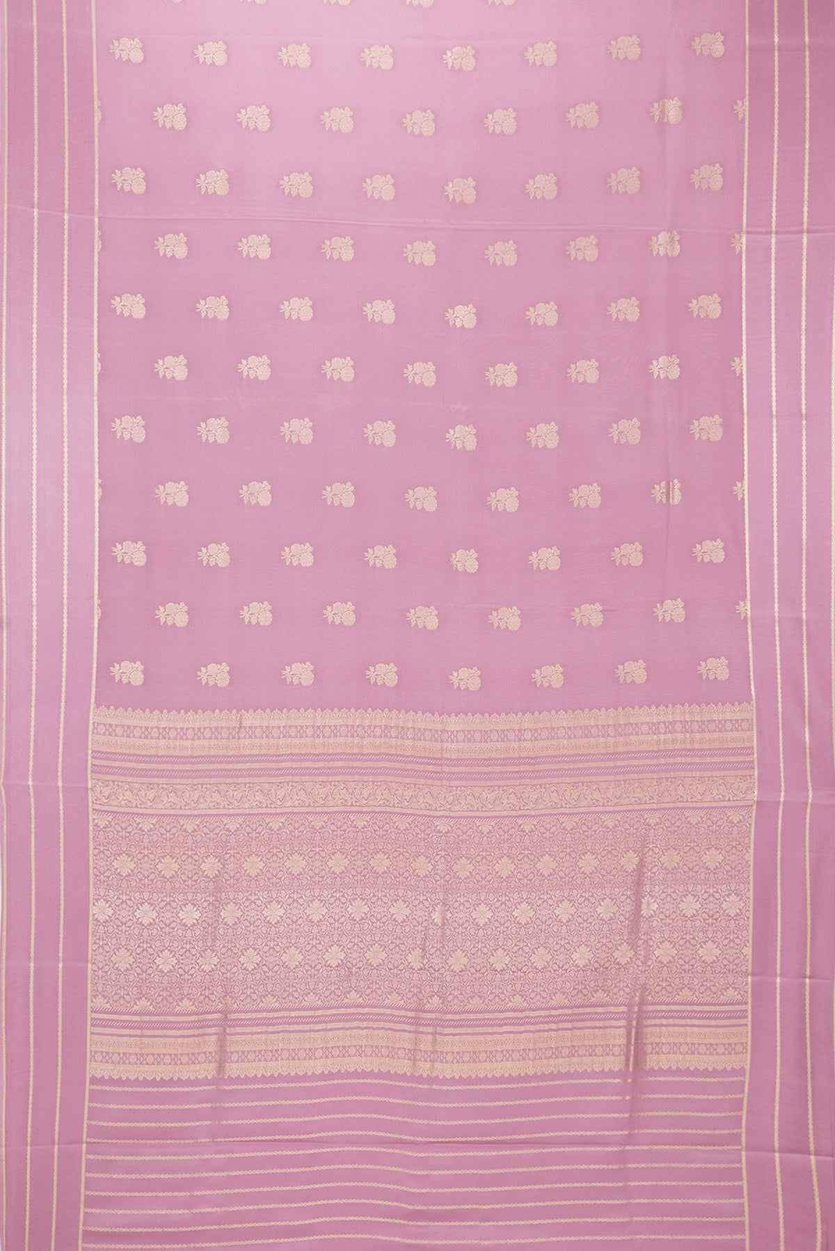 Flat view of Pure Silk Lilac Dual Tone Banarasi Georgette Saree with Zari Butta on the body and Zari Border. 