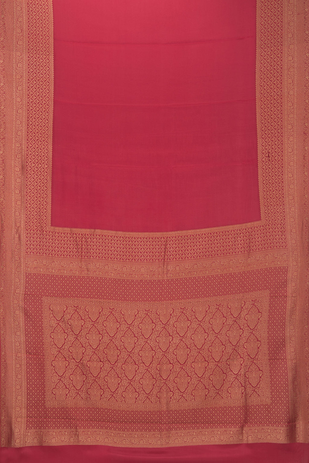 Flat view of Pure Silk Maroon Dual Tone Banarasi Georgette Saree with Plain Body and Zari Border. 