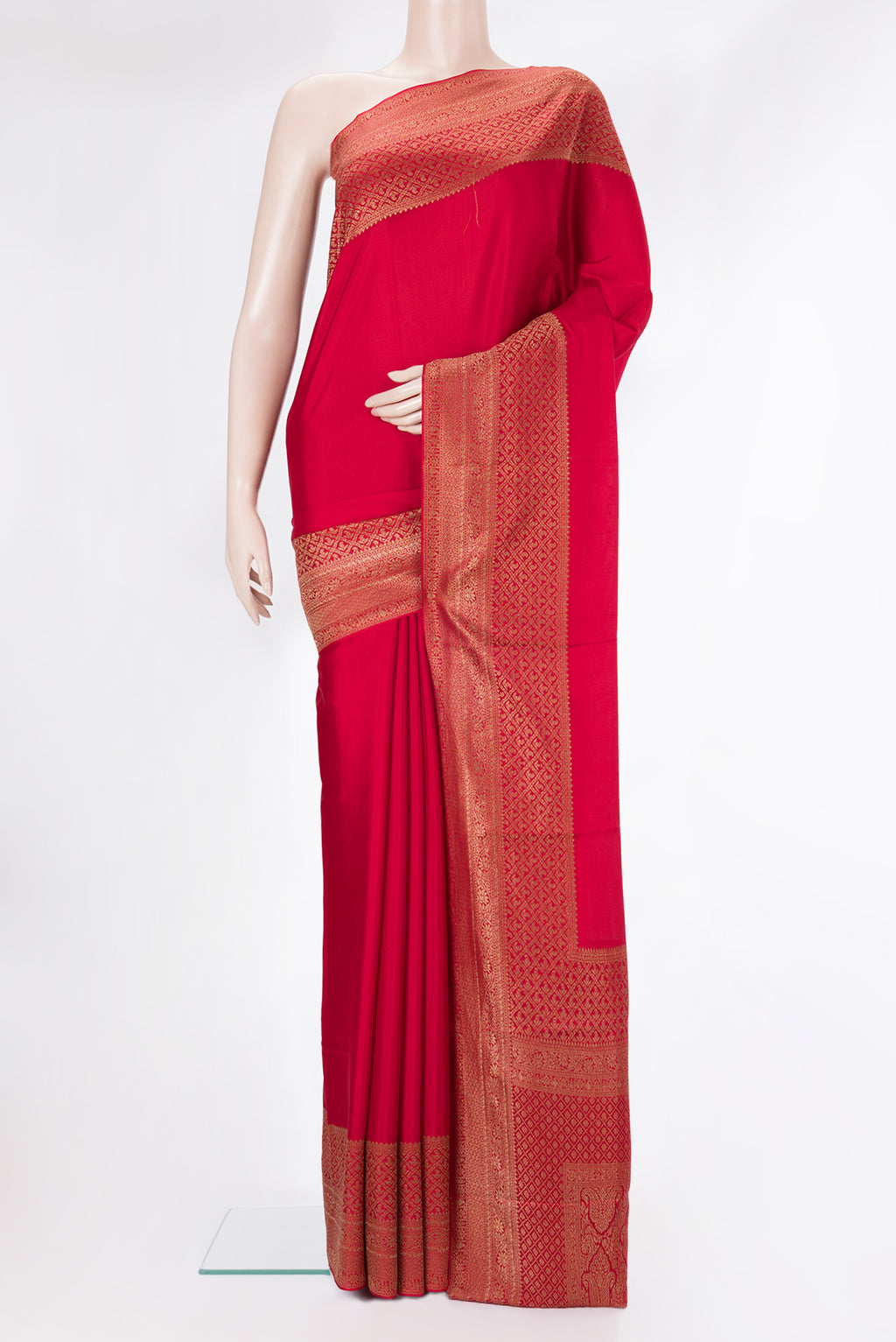 Dark Pink Dual Tone Georgette Saree with Plain Body and Fancy Border.  displayed on a mannequin