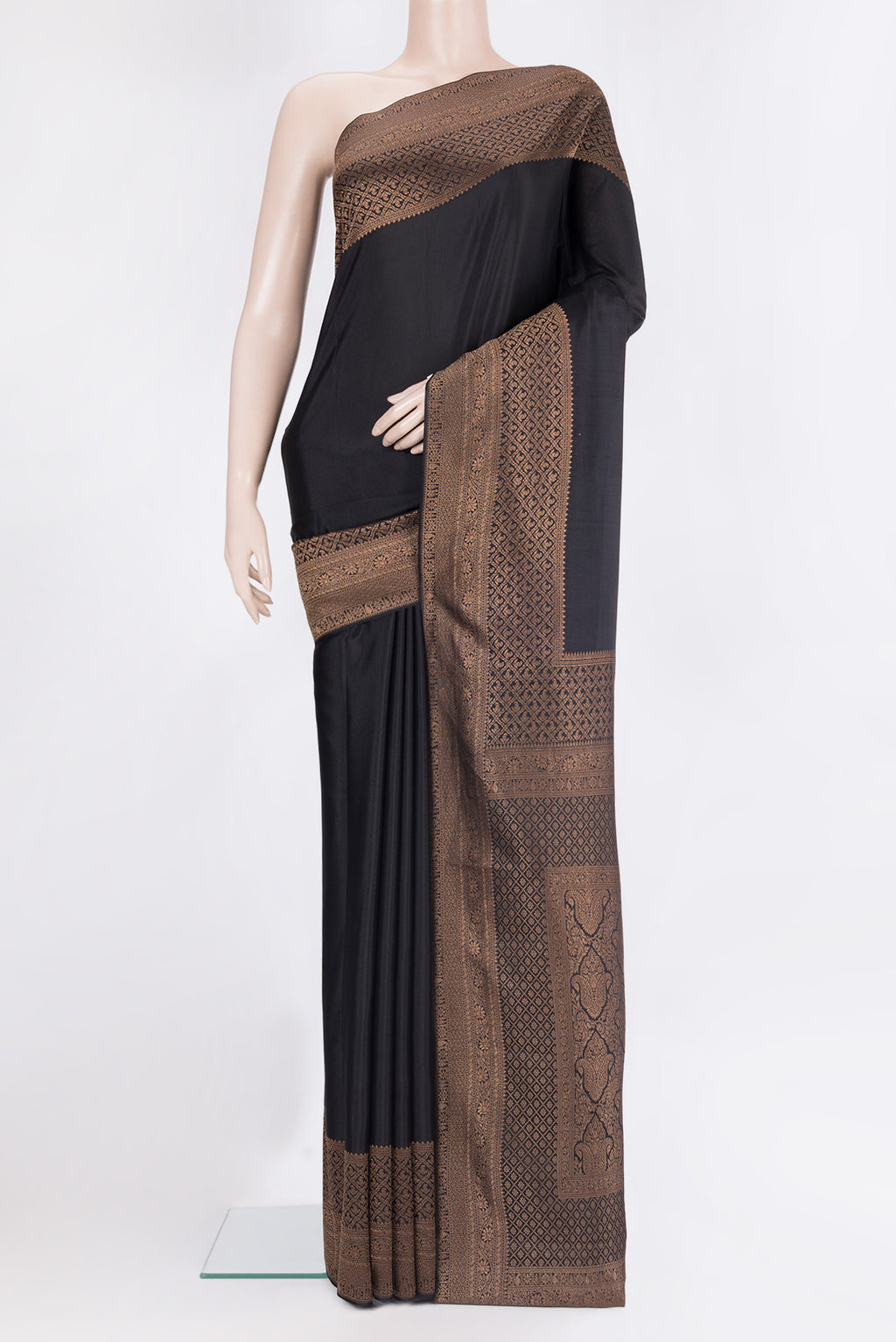 Pure Silk Coffee Brown Dual Tone Banarasi Georgette Saree with Plain Body and Zari Border.  displayed on a mannequin