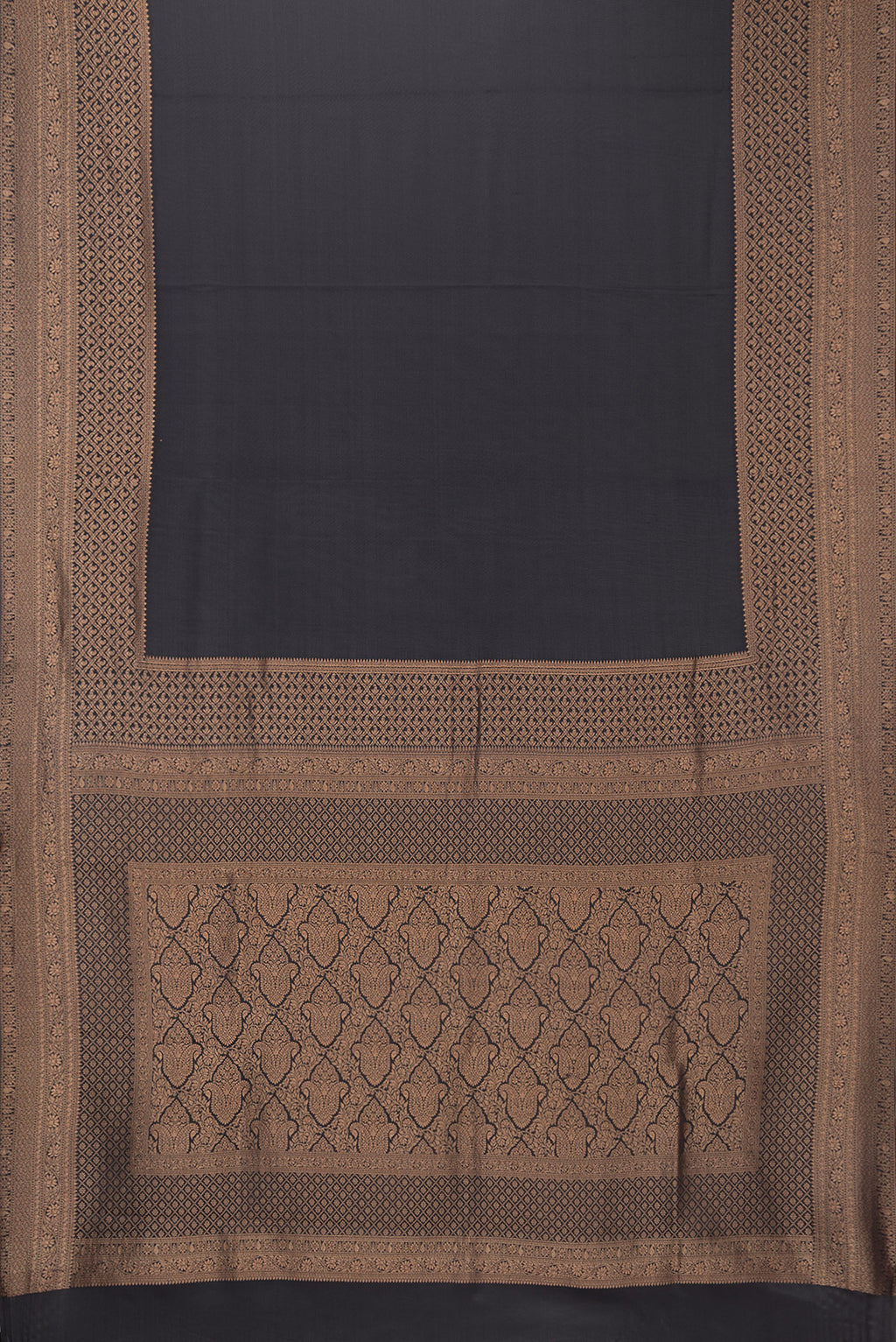 Flat view of Pure Silk Coffee Brown Dual Tone Banarasi Georgette Saree with Plain Body and Zari Border. 