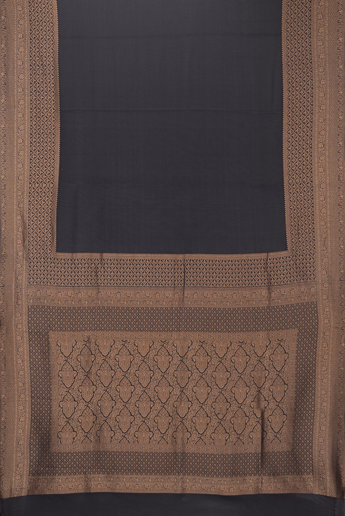 Flat view of Pure Silk Coffee Brown Dual Tone Banarasi Georgette Saree with Plain Body and Zari Border. 