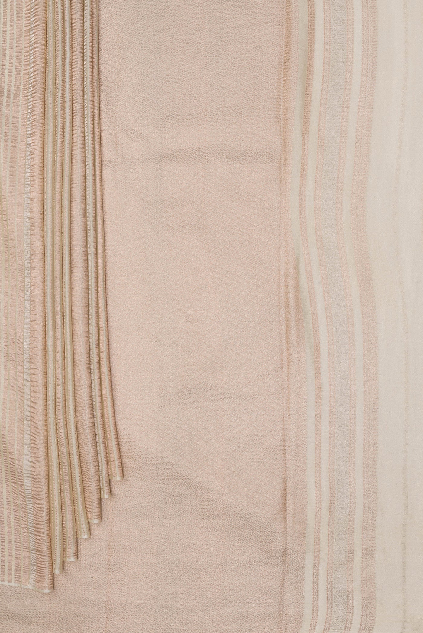 Pleats and pallu of Beige Georgette Saree with Stripes on the body and Without Border. 
