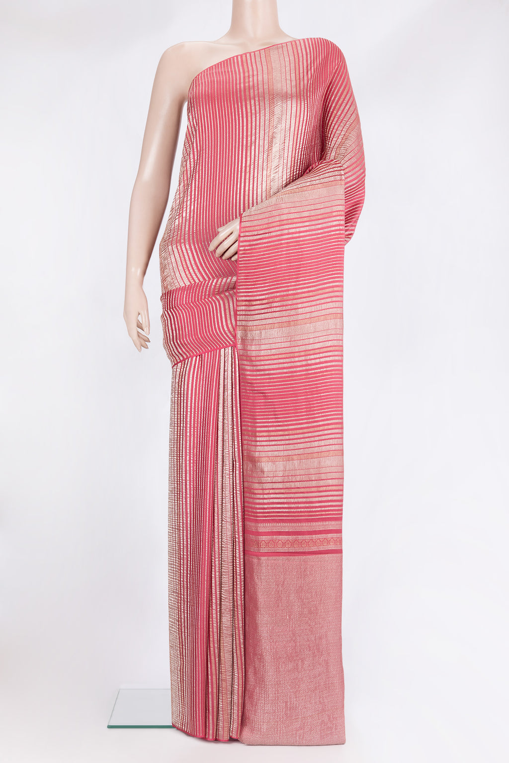Imperial Red Banarasi Tussar Georgette Saree with Stripes on the body and Without Border.  displayed on a mannequin
