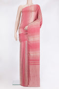 Imperial Red Banarasi Tussar Georgette Saree with Stripes on the body and Without Border.  displayed on a mannequin