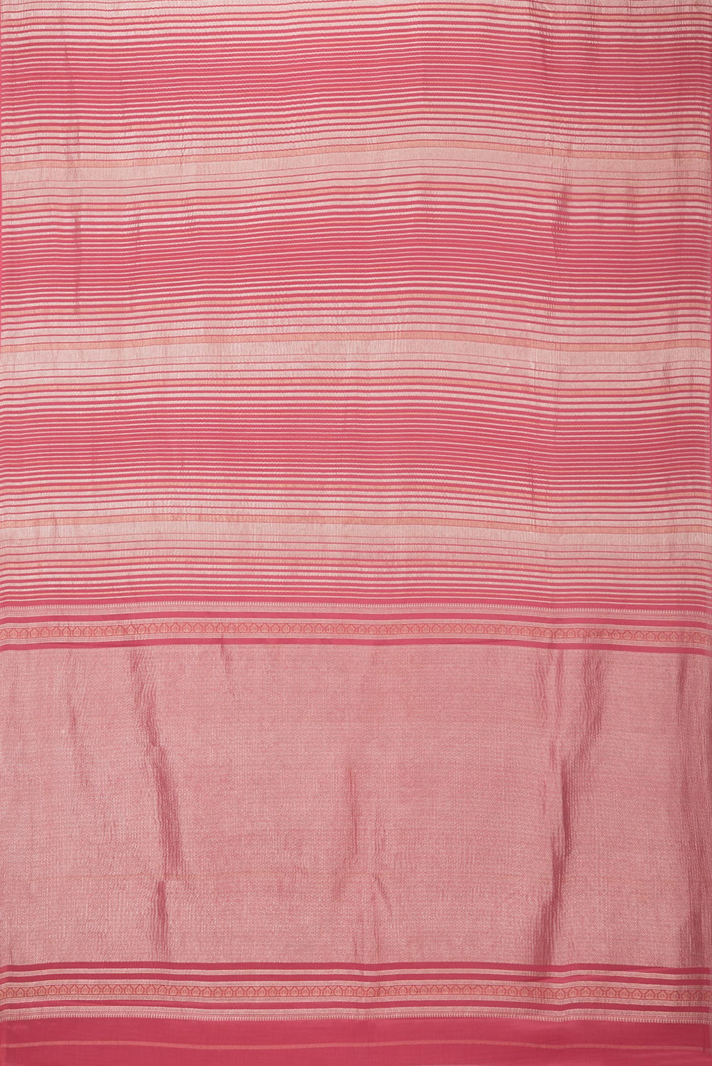 Flat view of Imperial Red Banarasi Tussar Georgette Saree with Stripes on the body and Without Border. 