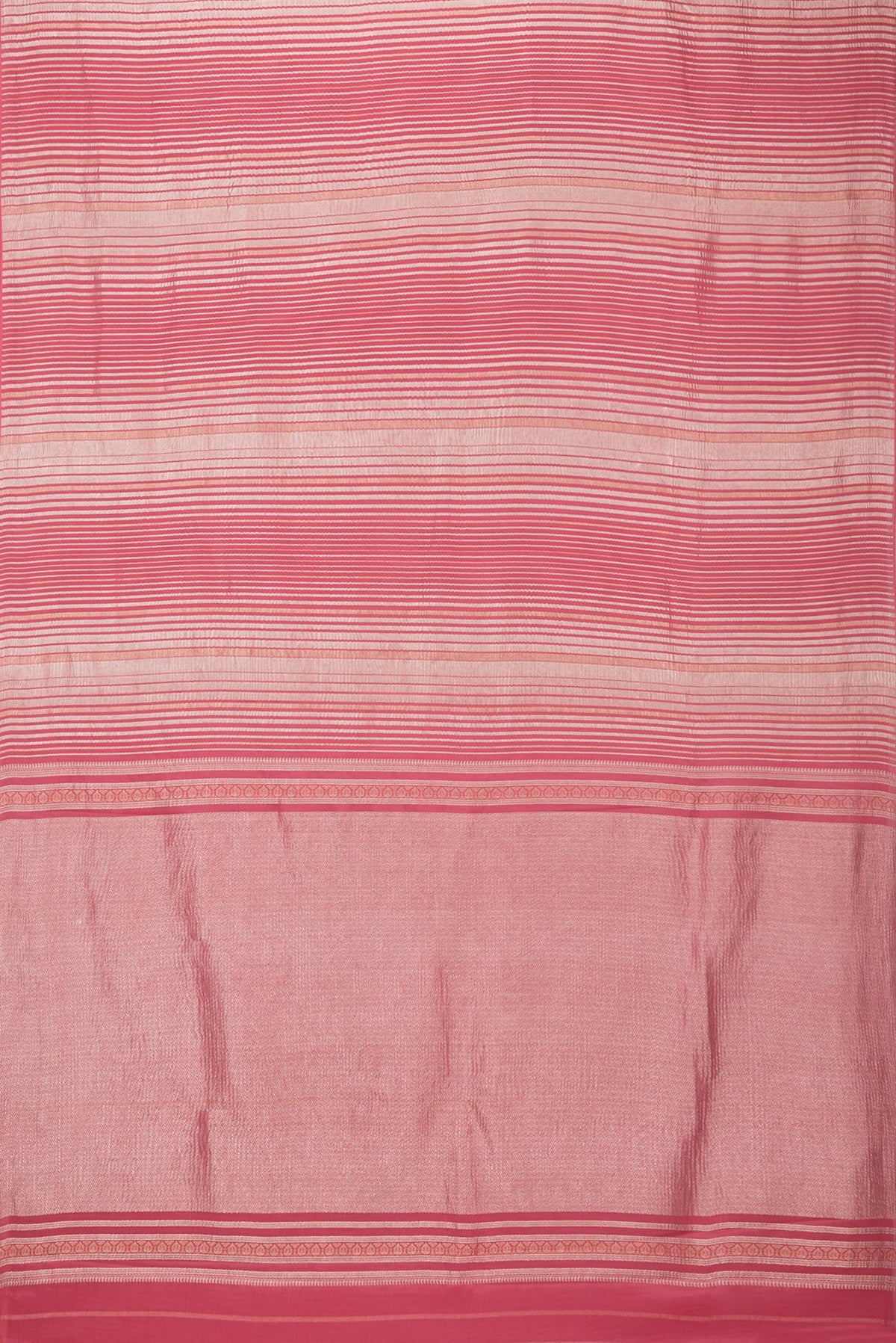 Flat view of Imperial Red Banarasi Tussar Georgette Saree with Stripes on the body and Without Border. 