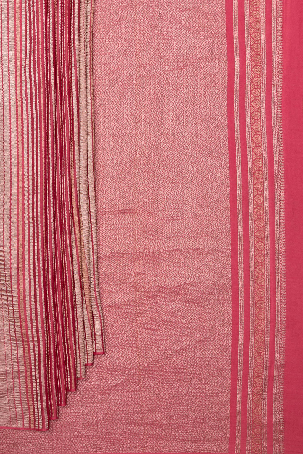Pleats and pallu of Imperial Red Banarasi Tussar Georgette Saree with Stripes on the body and Without Border. 