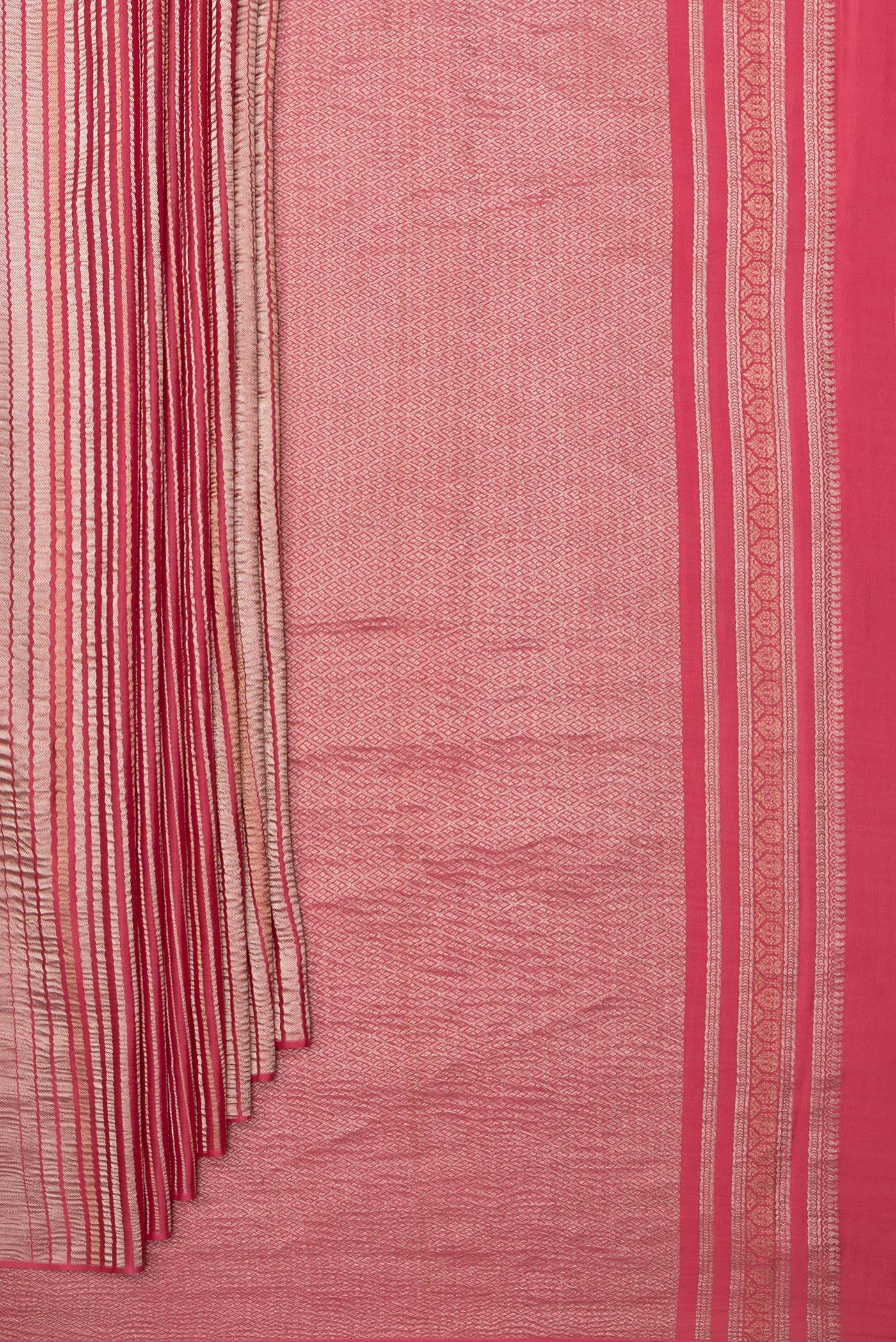 Pleats and pallu of Imperial Red Banarasi Tussar Georgette Saree with Stripes on the body and Without Border. 