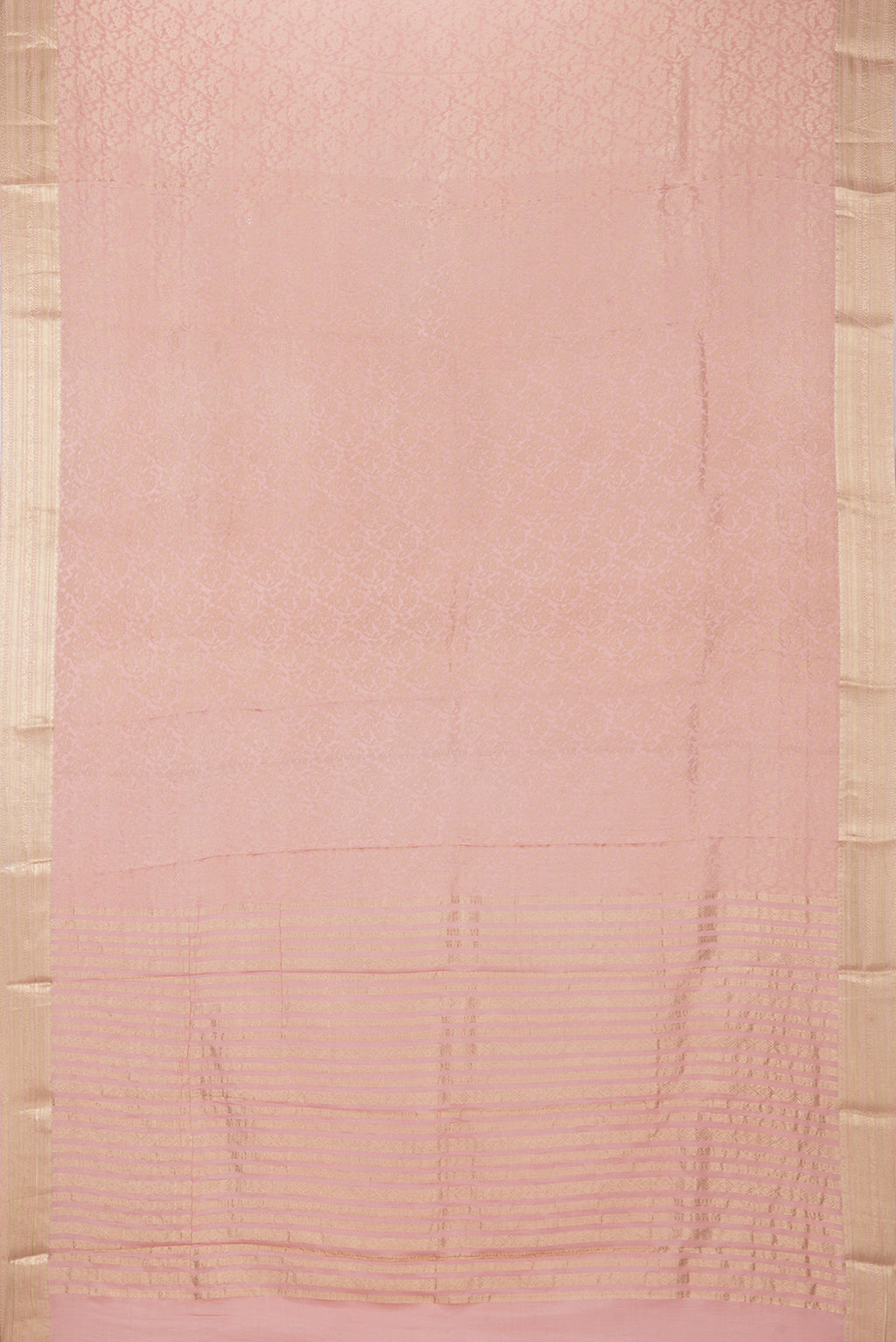 Flat view of Peach Dual Tone Crepe Saree with Zari Brocade on the body and Zari Border. 