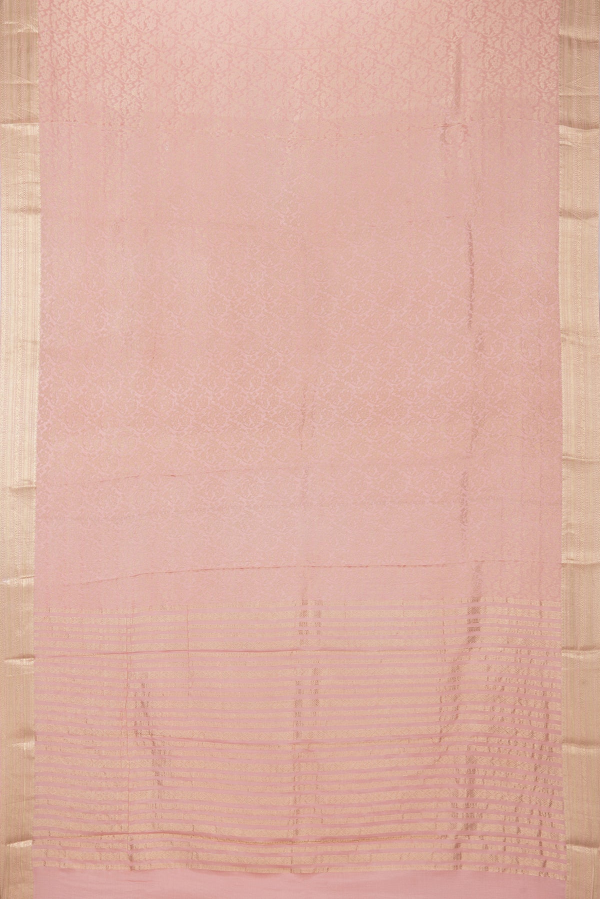 Flat view of Peach Dual Tone Crepe Saree with Zari Brocade on the body and Zari Border. 