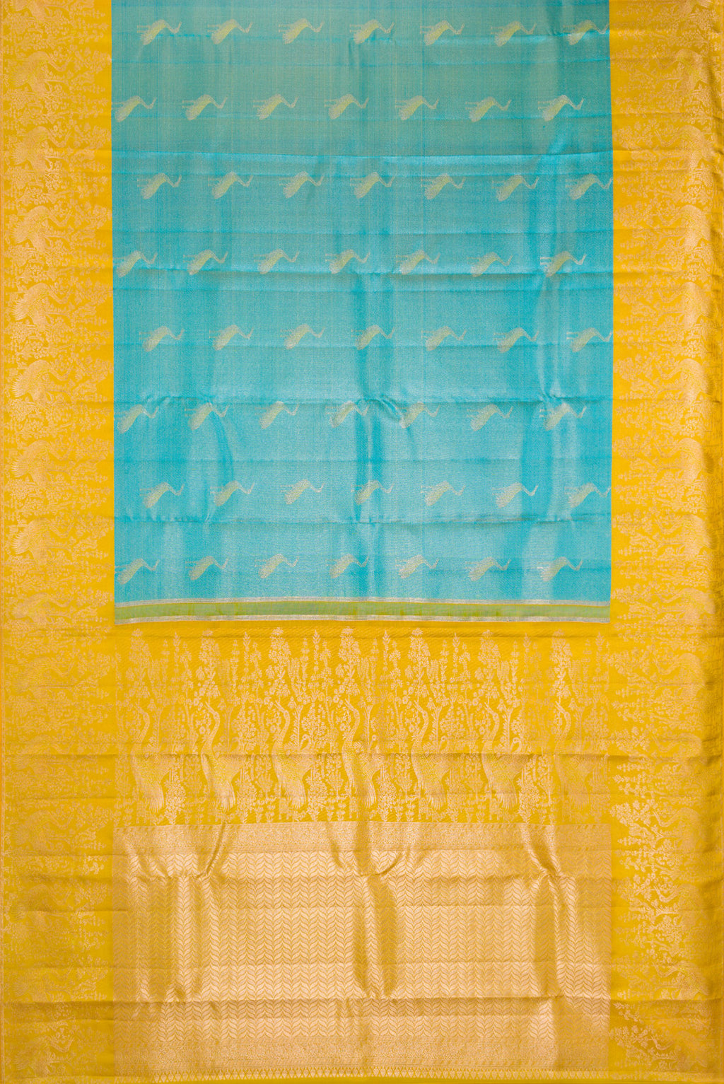 Flat view of Sky Blue Kanchipuram Tissue Silk Saree with Zari Brocade on the body and Fancy Border. 