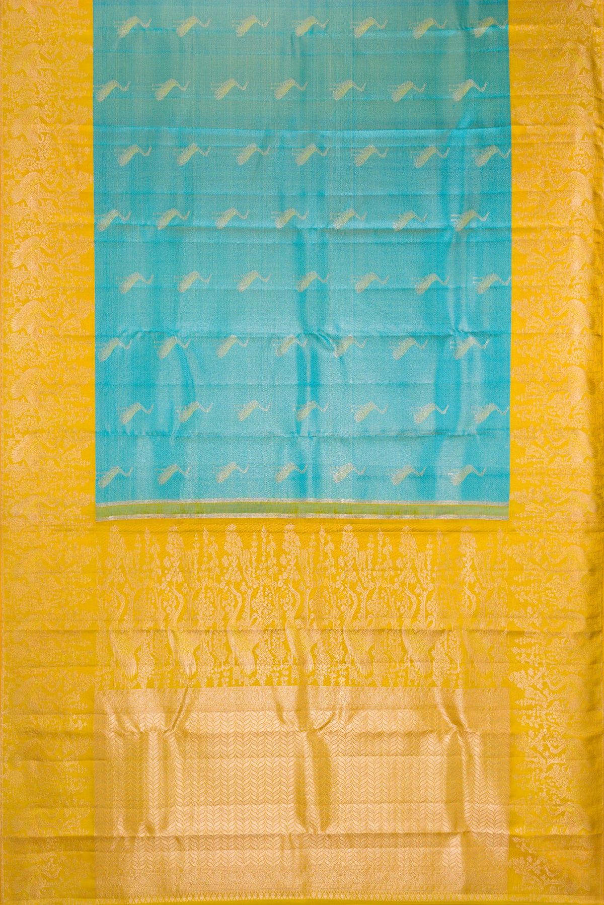 Flat view of Sky Blue Kanchipuram Tissue Silk Saree with Zari Brocade on the body and Fancy Border. 