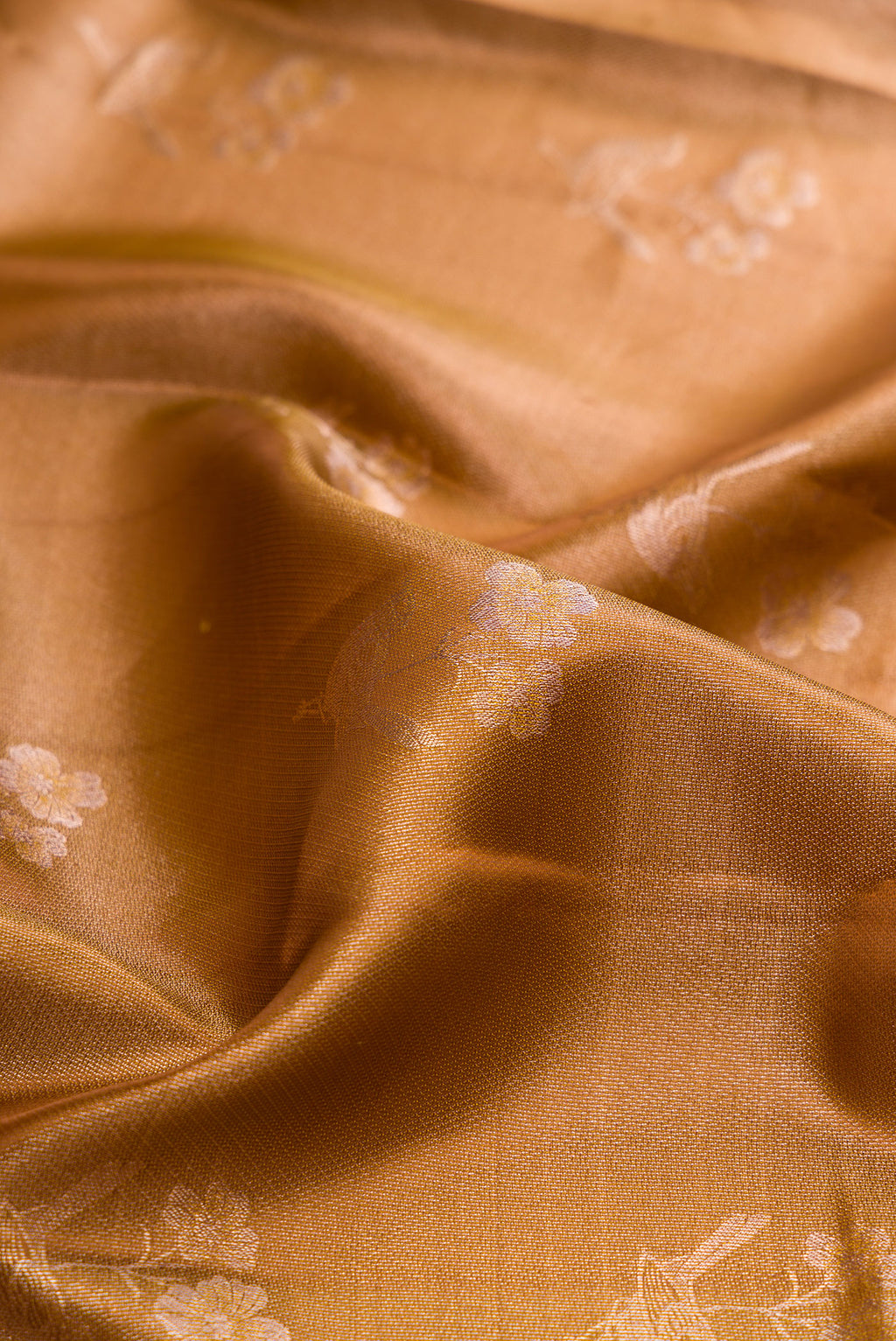 Close up of Brown Dual Tone Kanchipuram Tissue Silk Saree with Zari Butta on the body and Fancy Border.  displaying folds