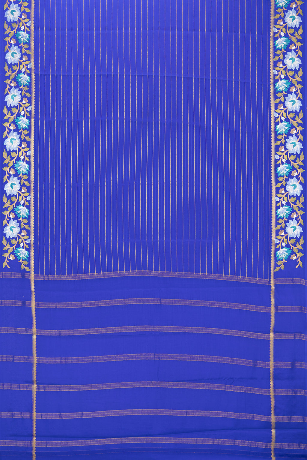 Flat view of Royal Blue Mysore Silk Saree with Stripes on the body and Embroidery Border. 