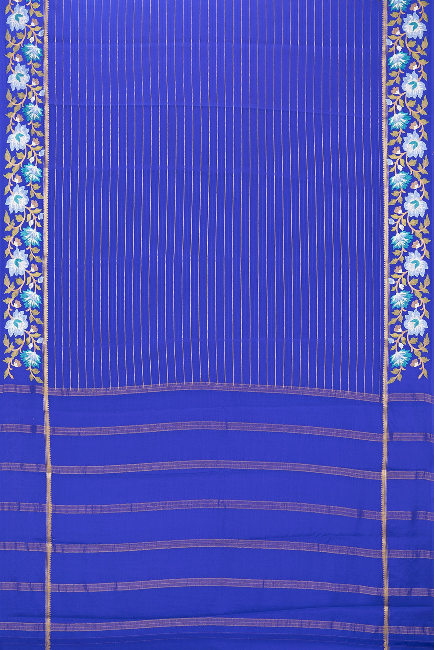 Flat view of Royal Blue Mysore Silk Saree with Stripes on the body and Embroidery Border. 
