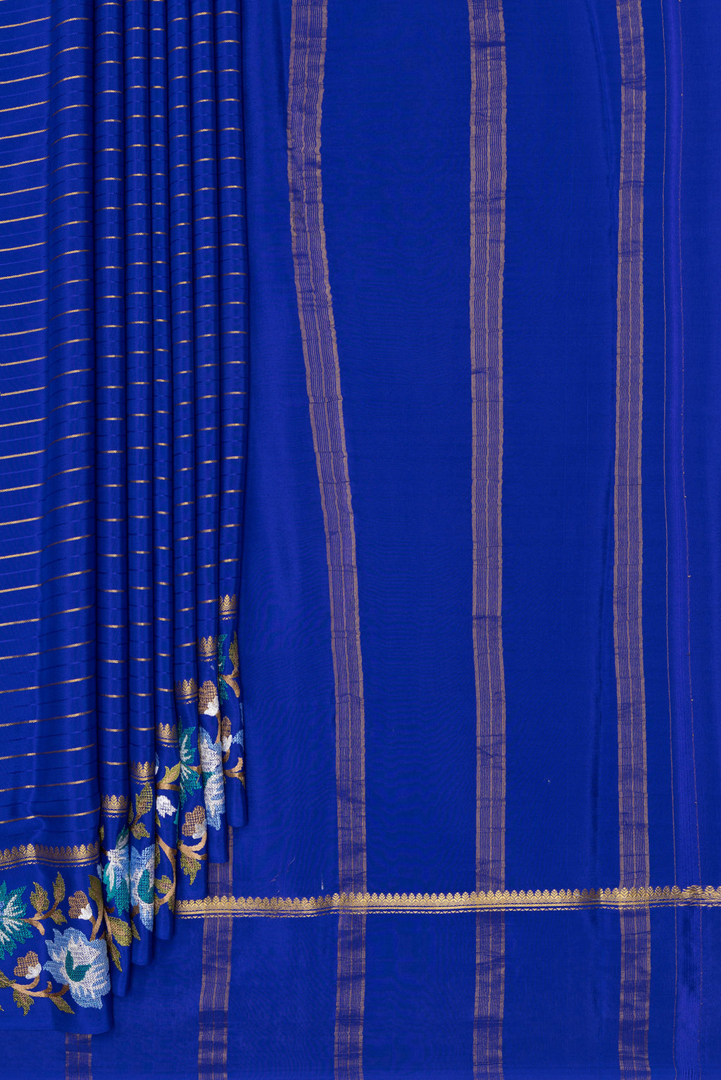 Pleats and pallu of Royal Blue Mysore Silk Saree with Stripes on the body and Embroidery Border. 
