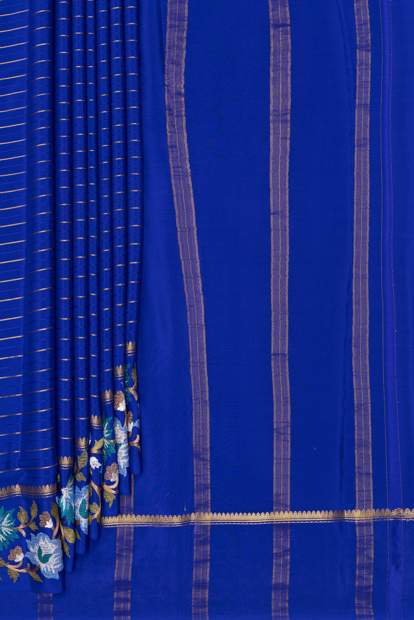 Pleats and pallu of Royal Blue Mysore Silk Saree with Stripes on the body and Embroidery Border. 