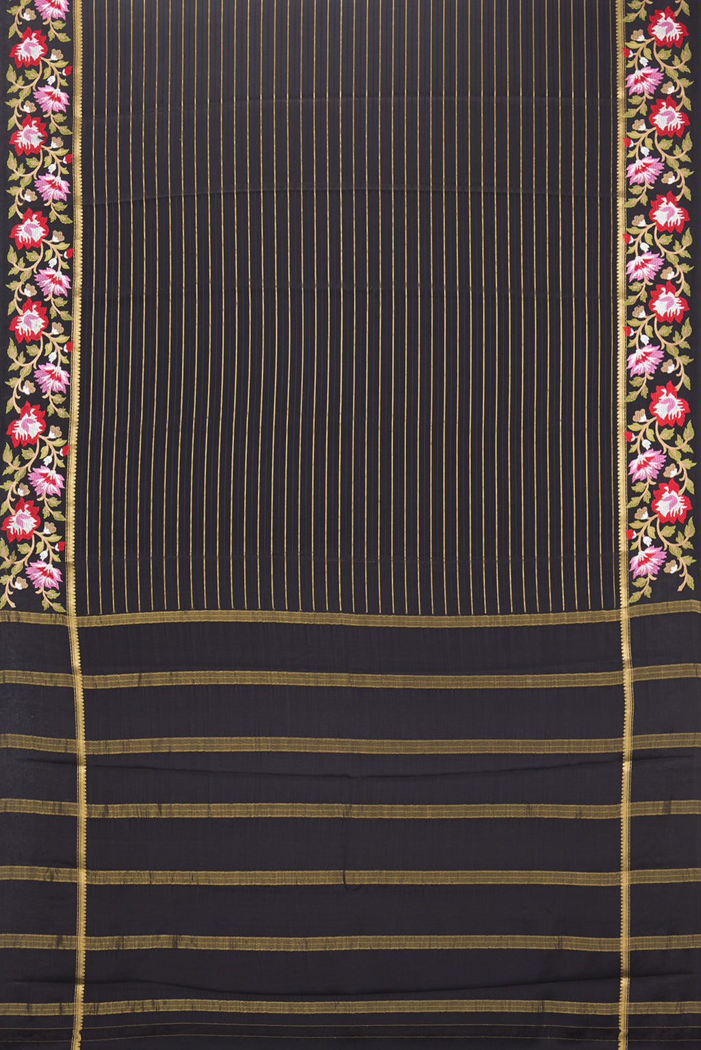 Flat view of Black Mysore Silk Saree with Stripes on the body and Fancy Border. 