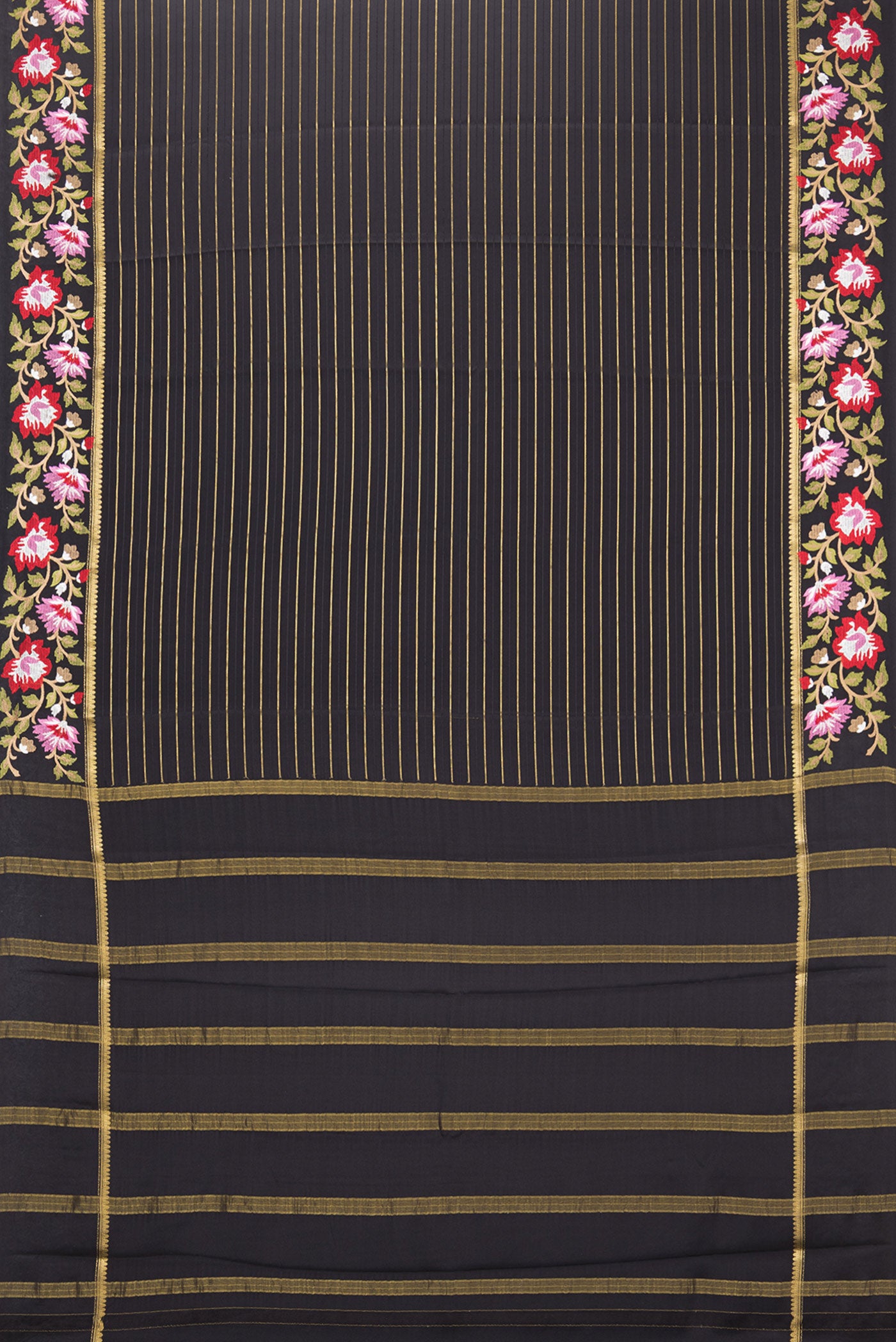 Flat view of Black Mysore Silk Saree with Stripes on the body and Fancy Border. 
