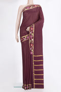 Coffee Brown Mysore Crepe Saree with Stripes on the body and Embroidered Border.  displayed on a mannequin